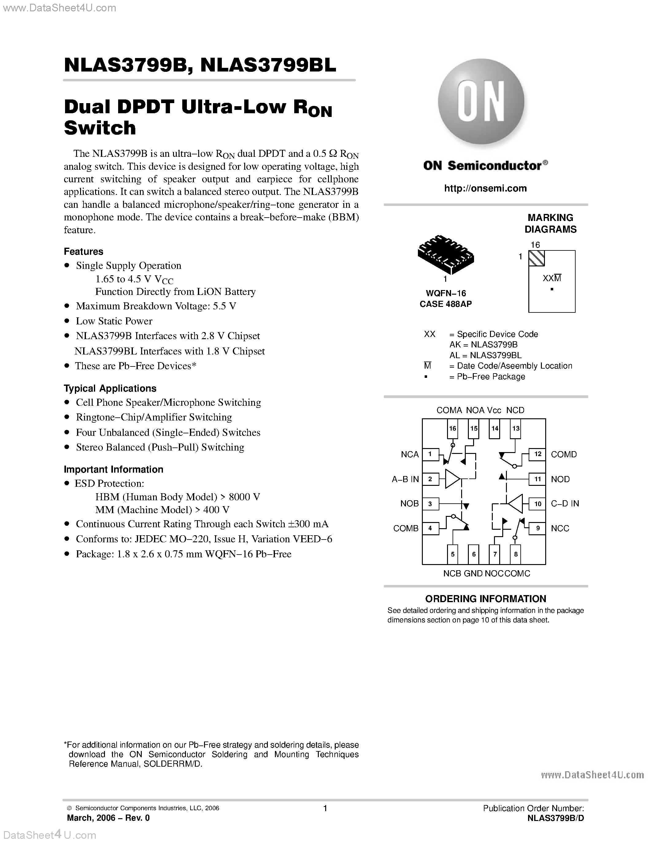 Datasheet NLAS3799B page 1 Datasheet NLAS3799B - Dual DPDT Ultra Low RON Switch page 1