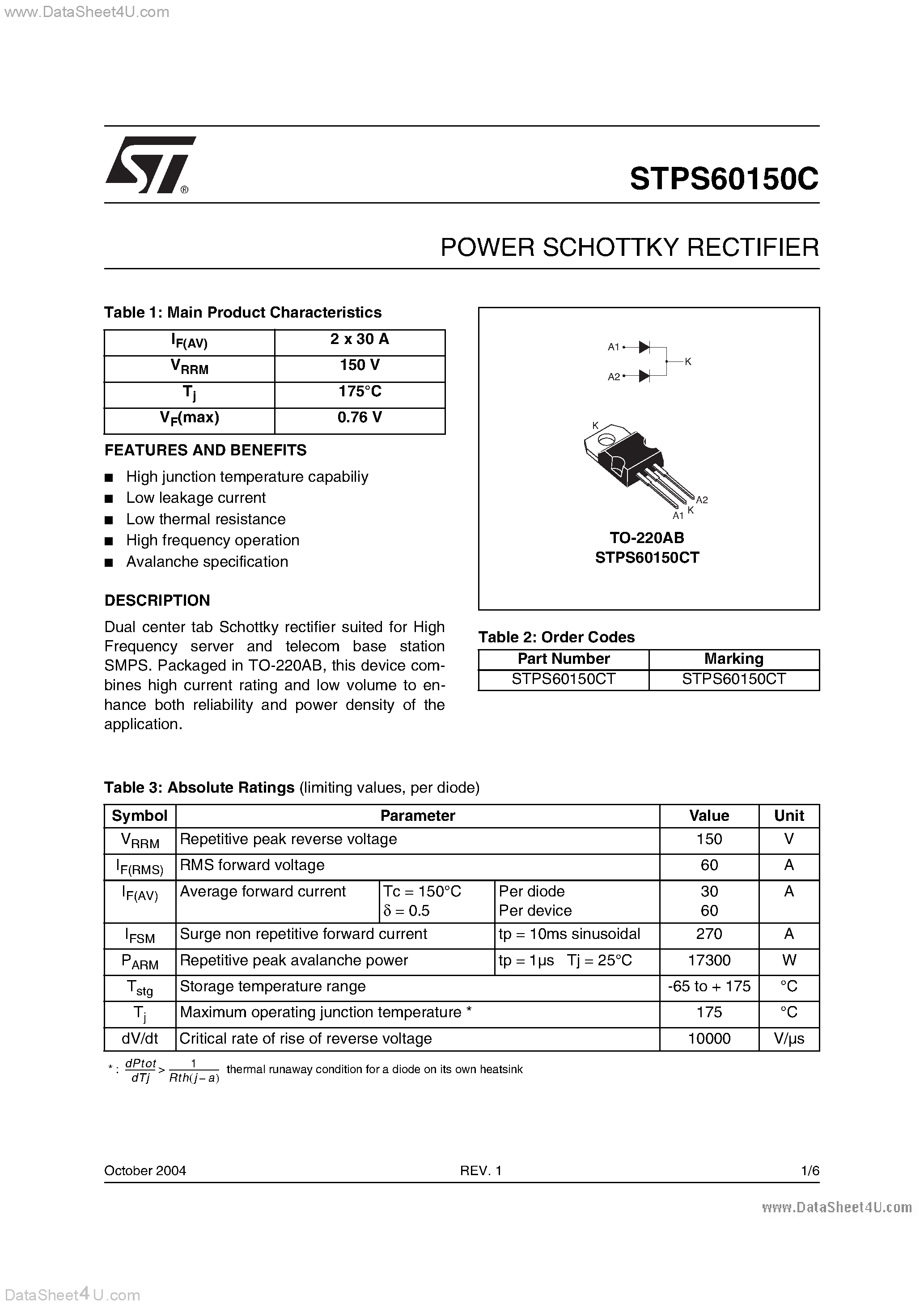 Datasheet STPS60150C - POWER SCHOTTKY RECTIFIER page 1