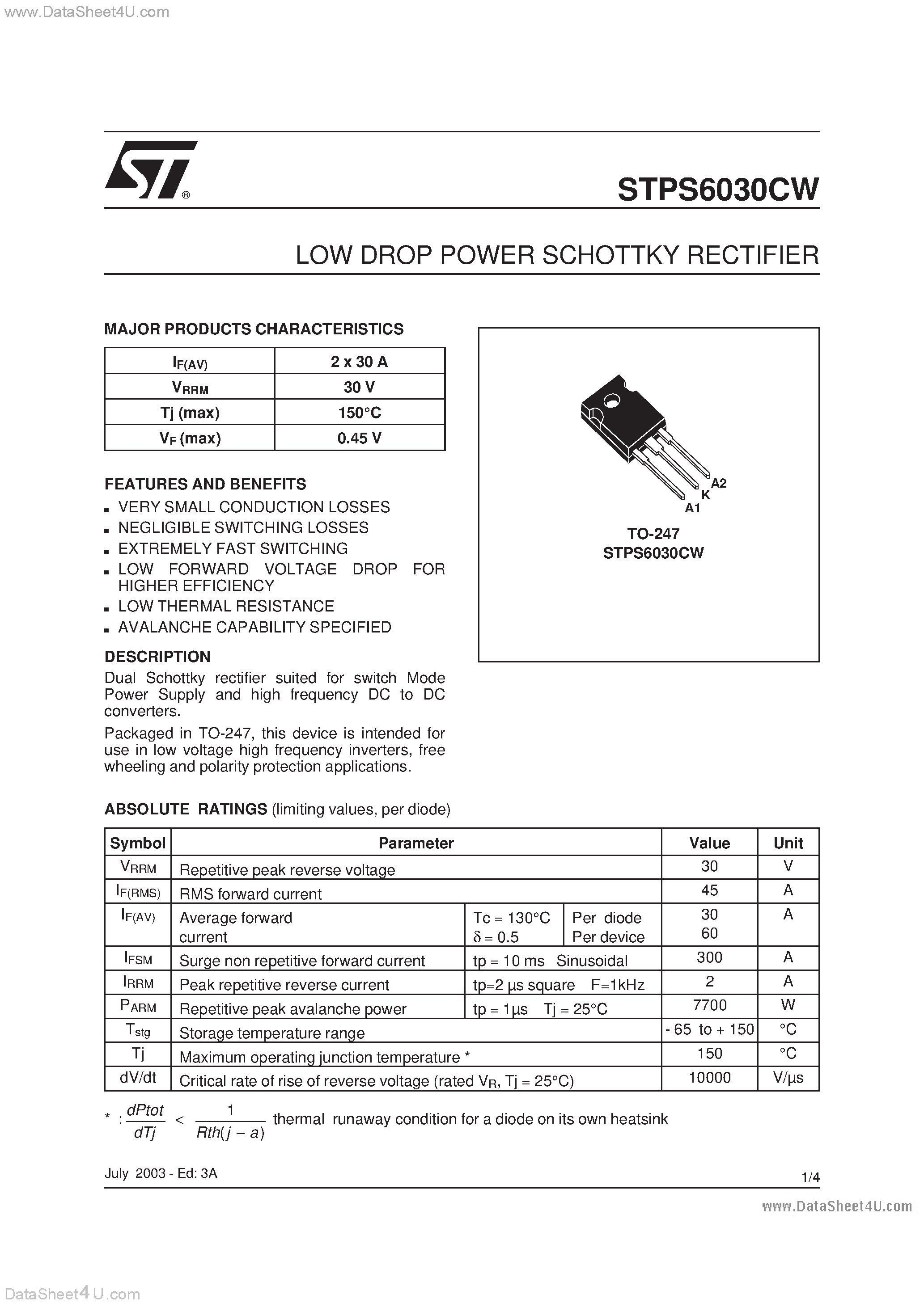 Datasheet STPS6030CW - LOW DROP POWER SCHOTTKY RECTIFIER page 1