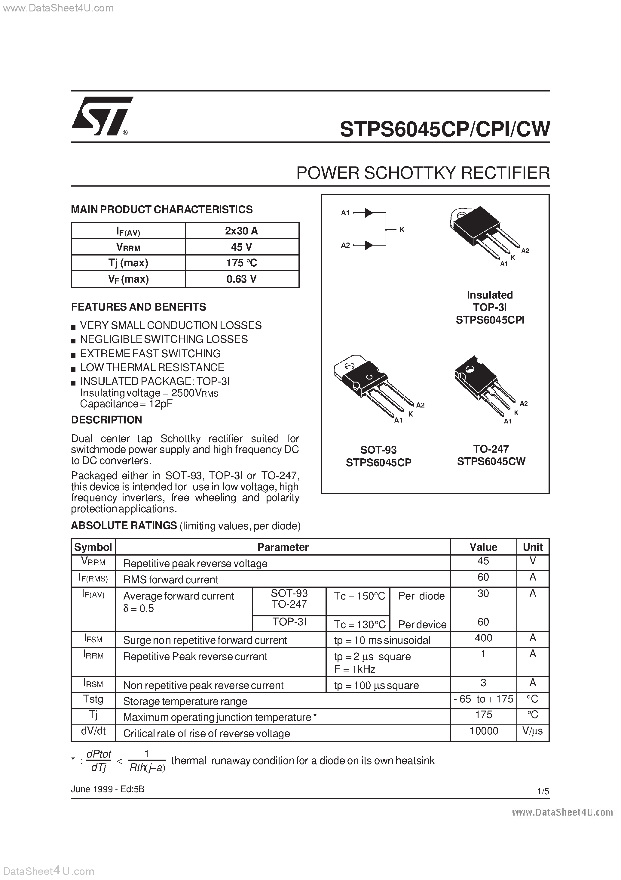 Datasheet STPS6045 - POWER SCHOTTKY RECTIFIER page 1
