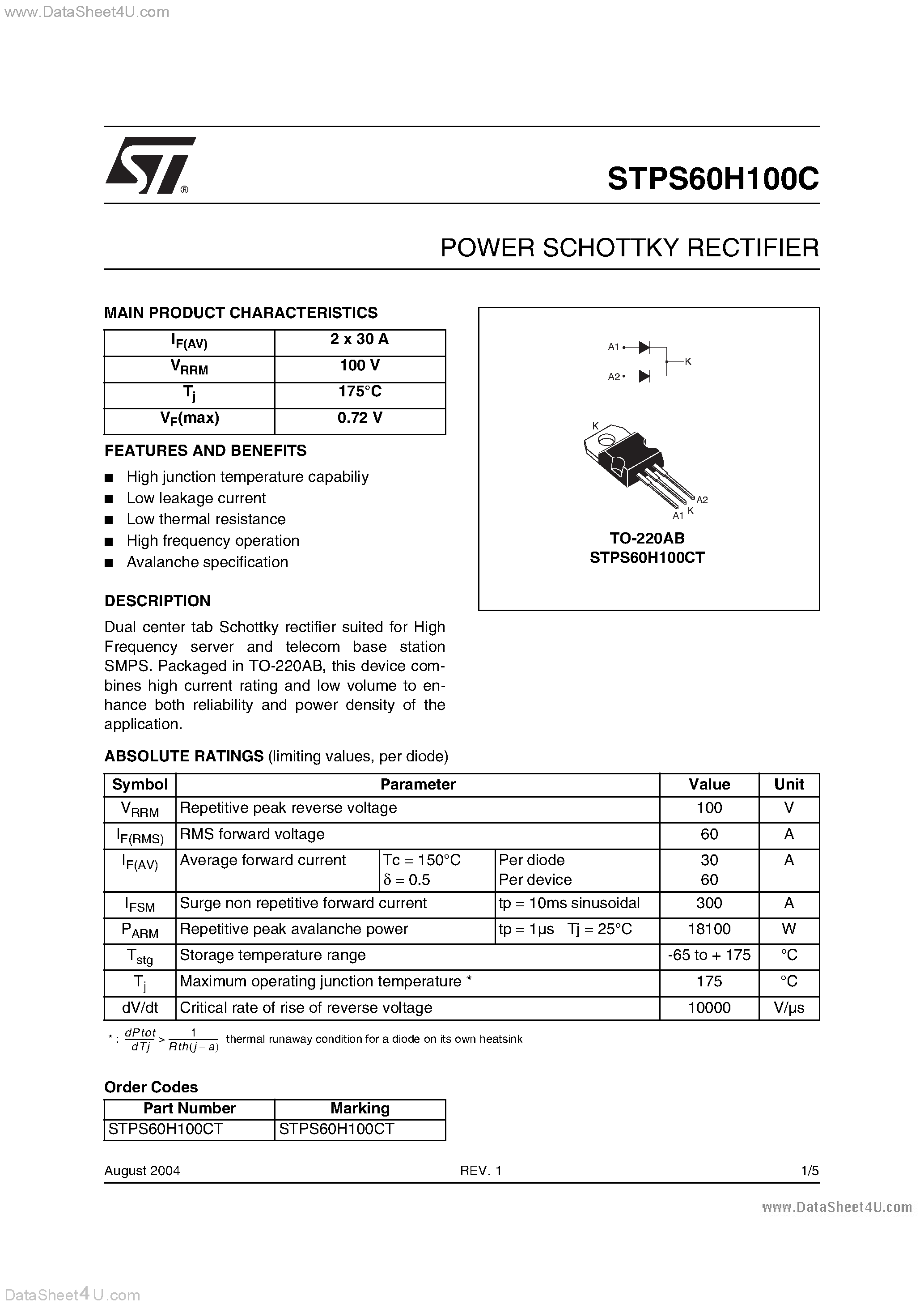 Datasheet STPS60H100C - POWER SCHOTTKY RECTIFIER page 1
