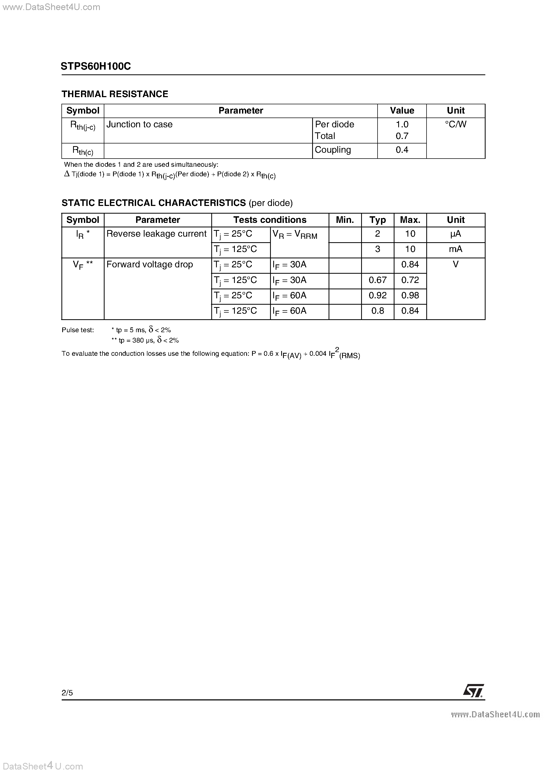 Datasheet STPS60H100C - POWER SCHOTTKY RECTIFIER page 2