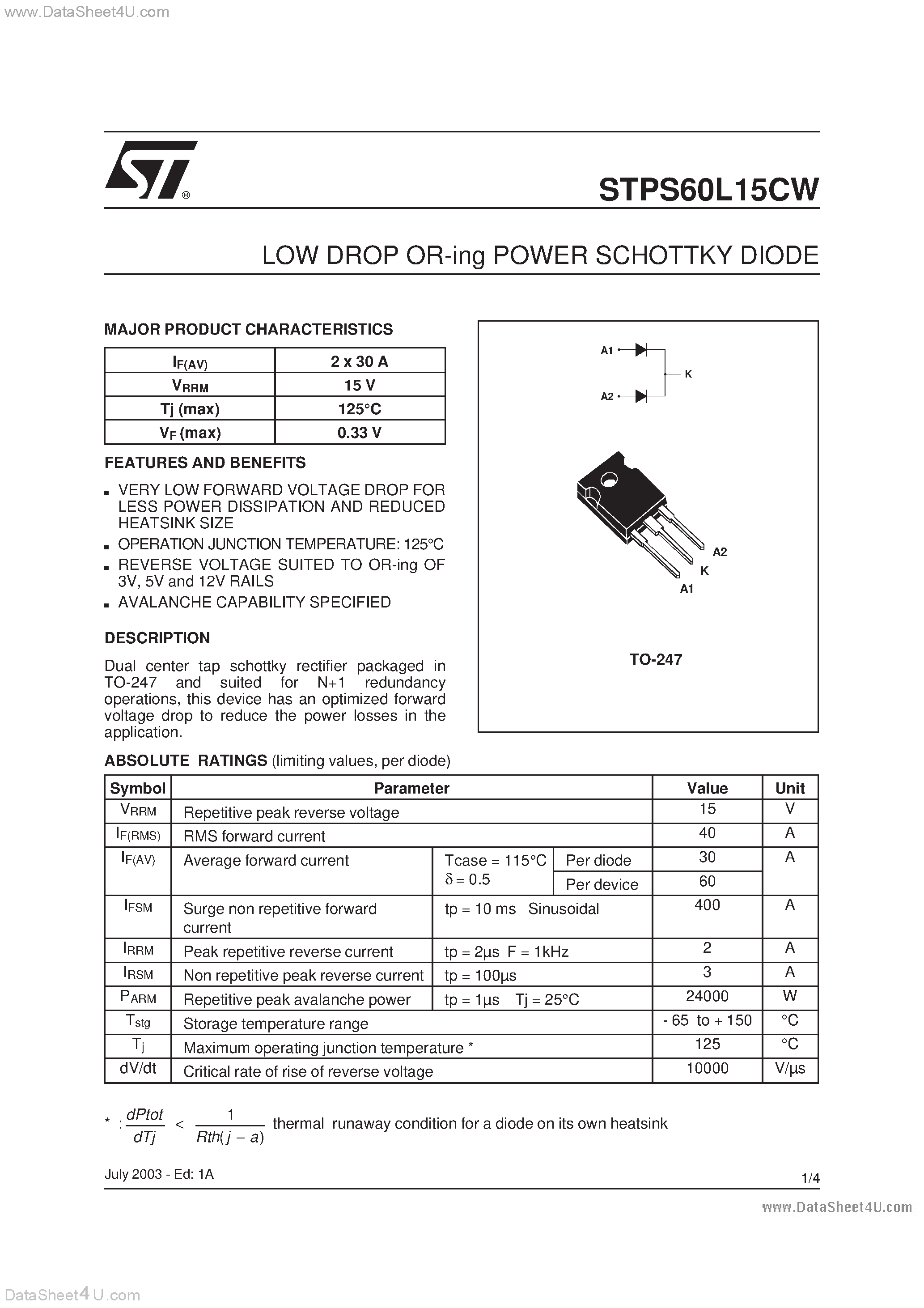 Datasheet STPS60L15CW - LOW DROP OR-ing POWER SCHOTTKY DIODE page 1