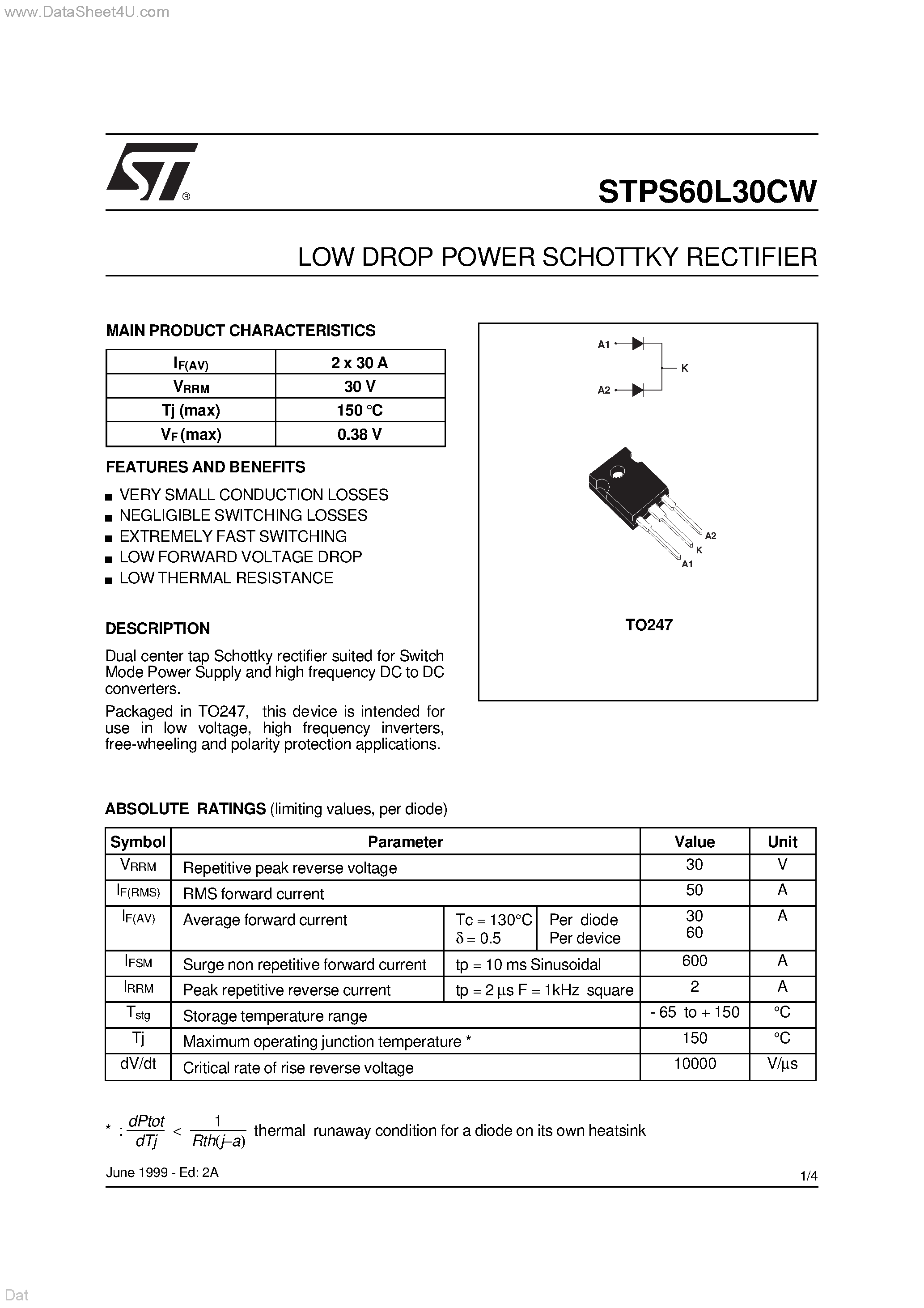 Datasheet STPS60L30CW - LOW DROP POWER SCHOTTKY RECTIFIER page 1