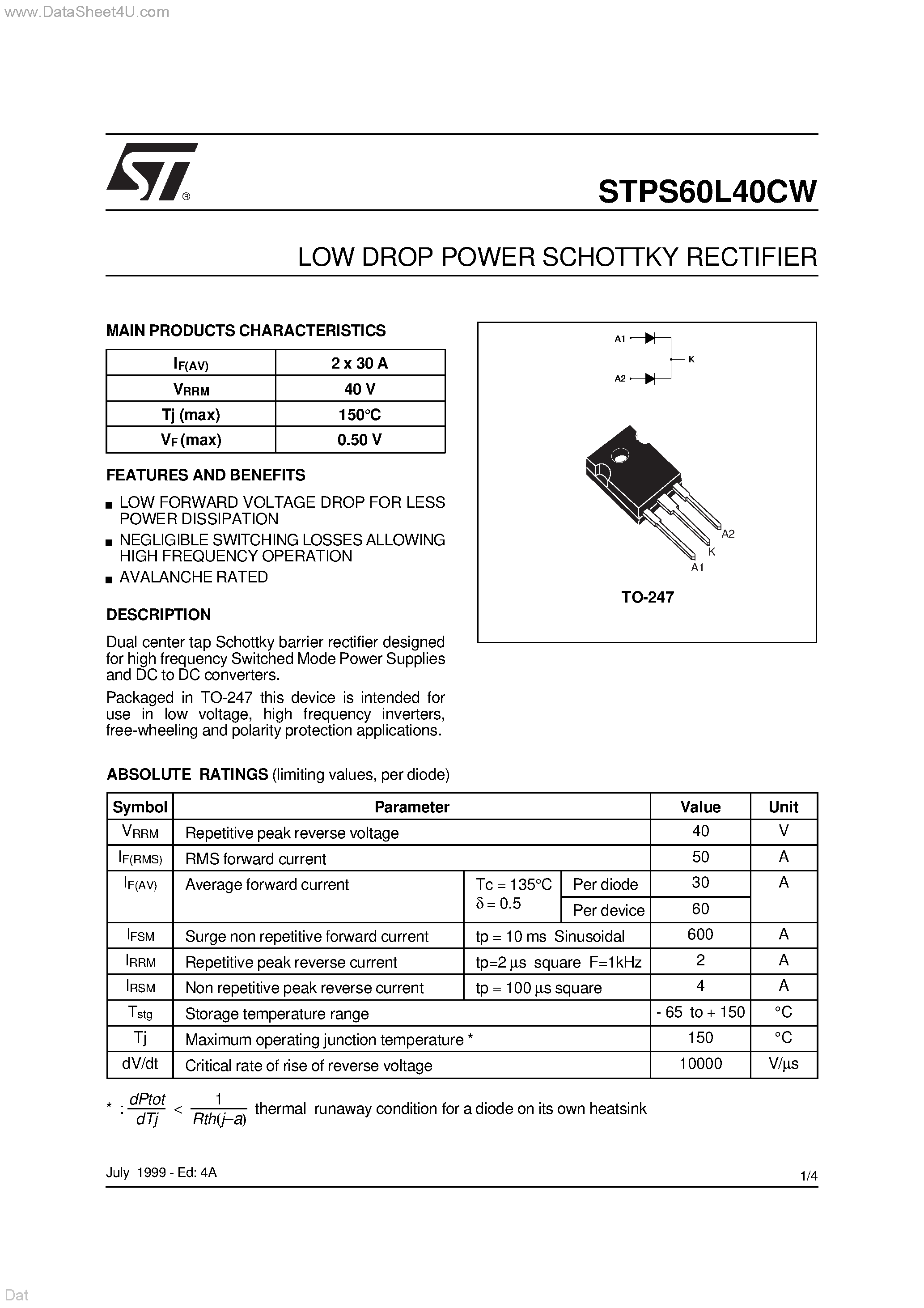 Datasheet STPS60L40CW - LOW DROP POWER SCHOTTKY RECTIFIER page 1