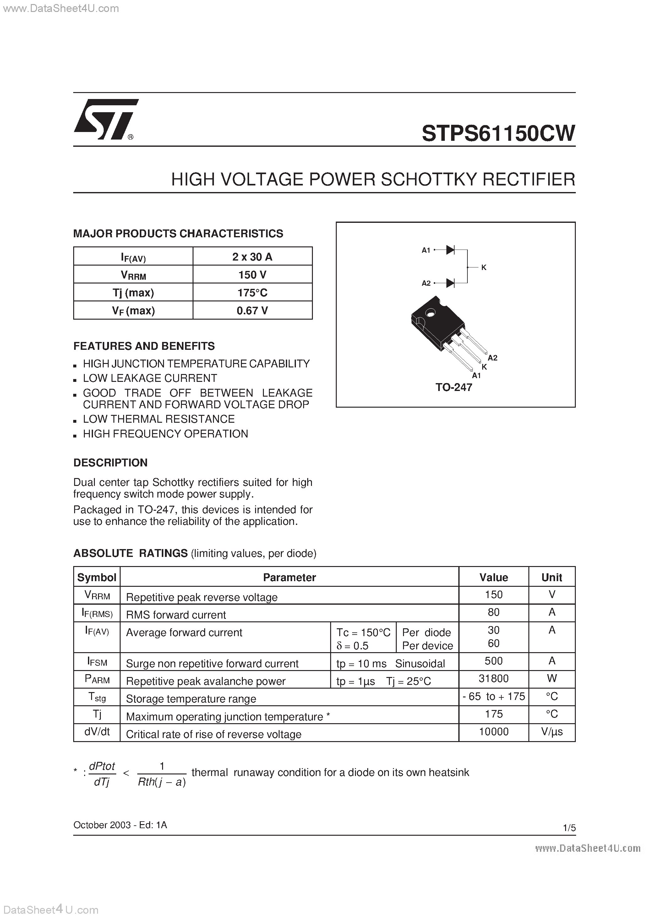 Datasheet STPS61150CW - HIGH VOLTAGE POWER SCHOTTKY RECTIFIER page 1