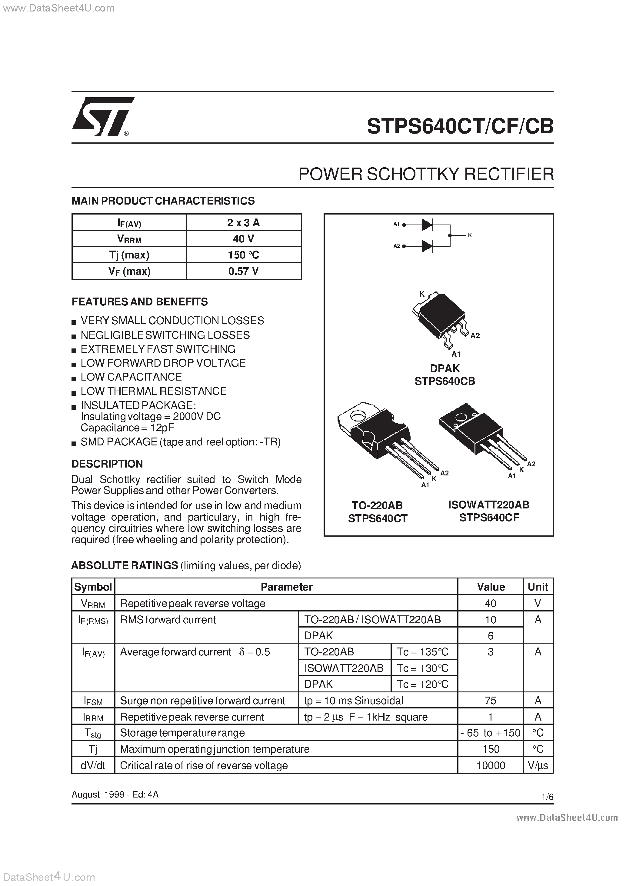 Datasheet STPS640 - POWER SCHOTTKY RECTIFIER page 1