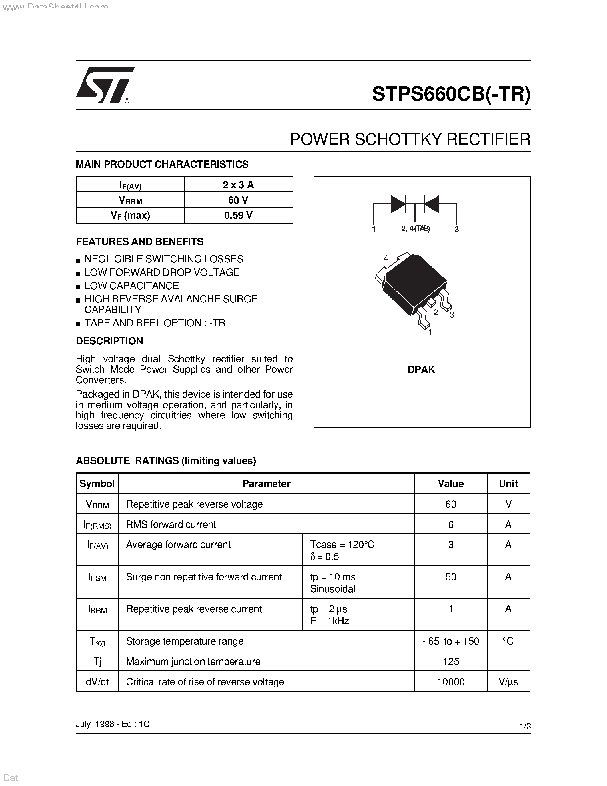 Datasheet STPS660CB - POWER SCHOTTKY RECTIFIER page 1