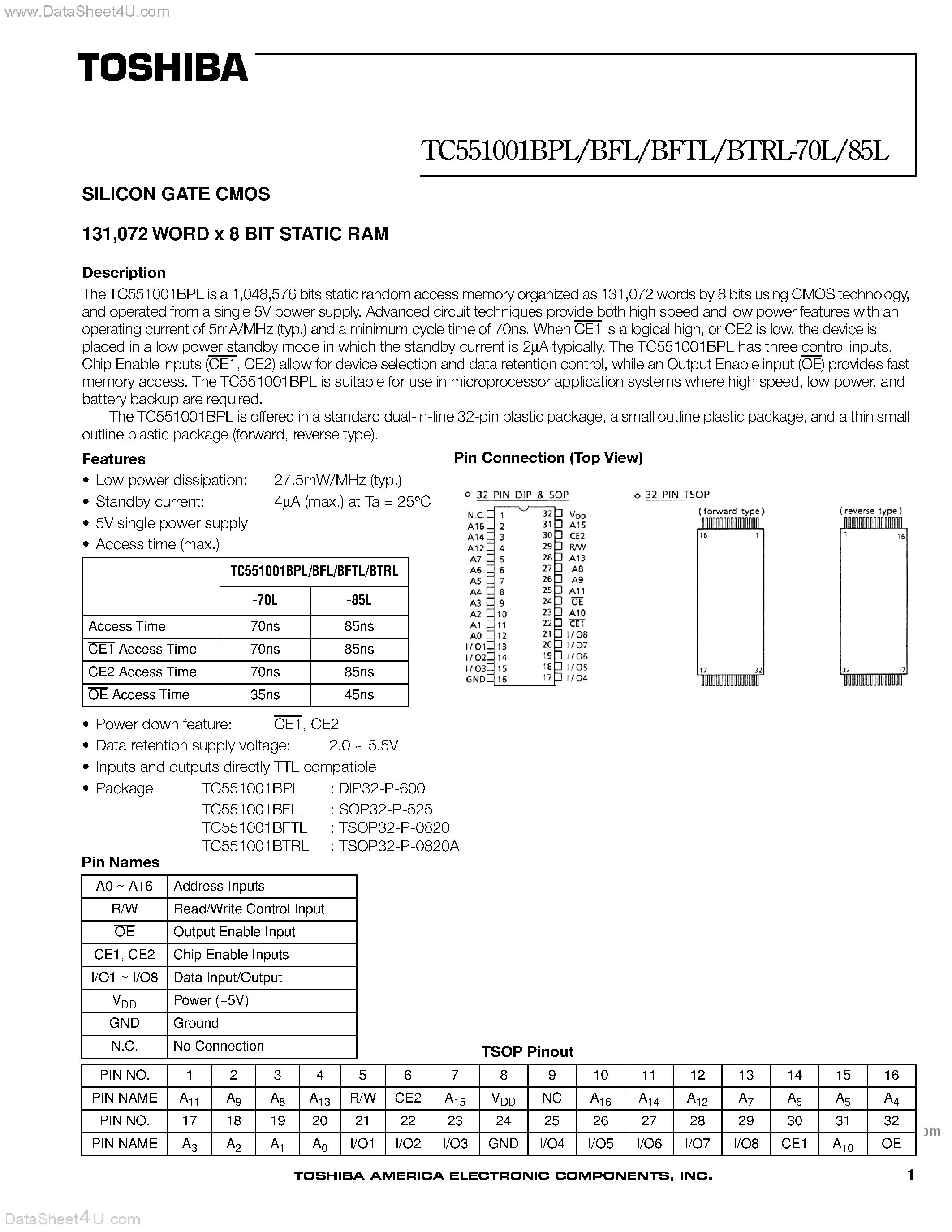 Даташит TC551001B - SILICON GATE CMOS STATIC RAM страница 1