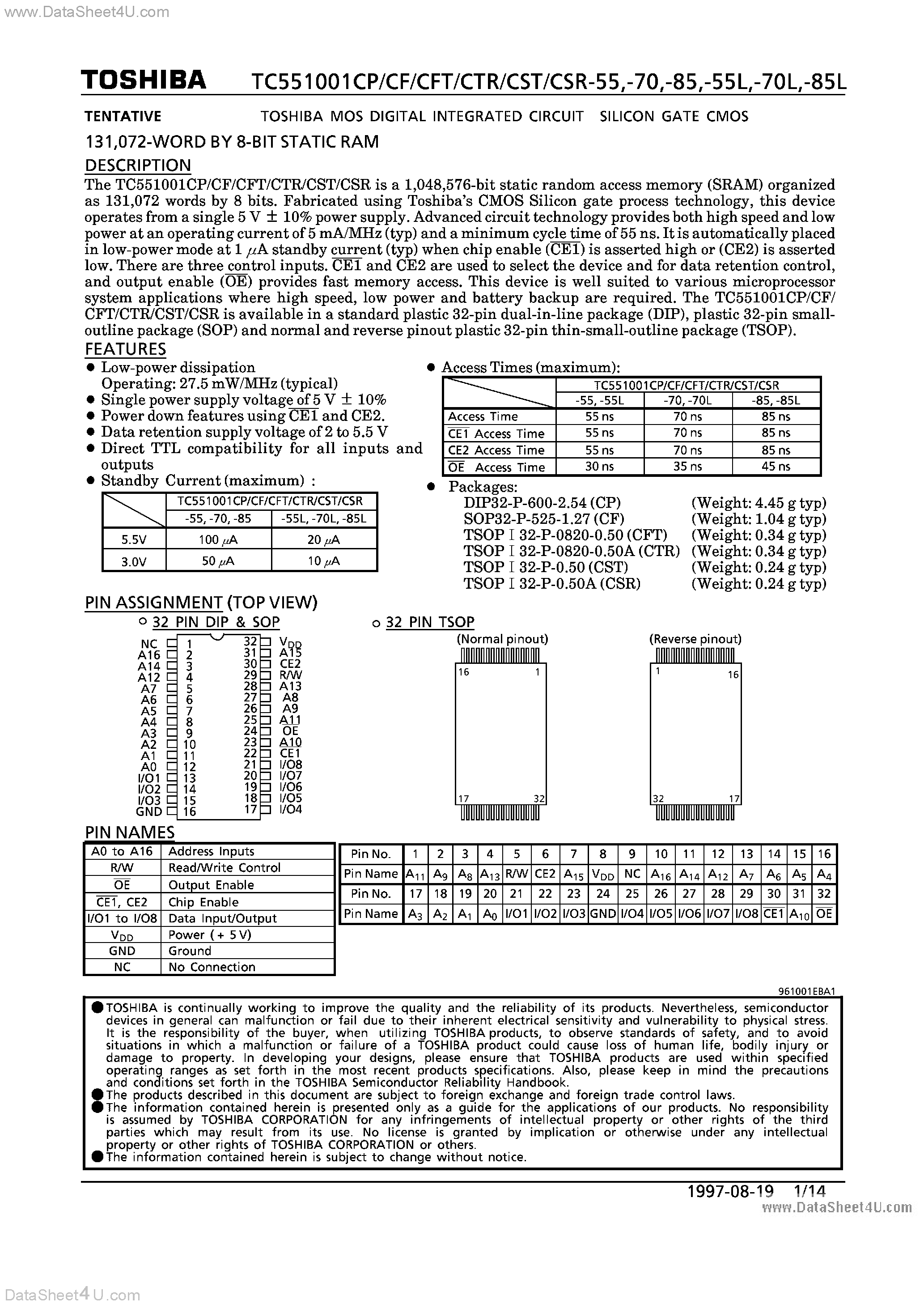 Даташит TC551001C - 8 BIT STATIC RAM страница 1