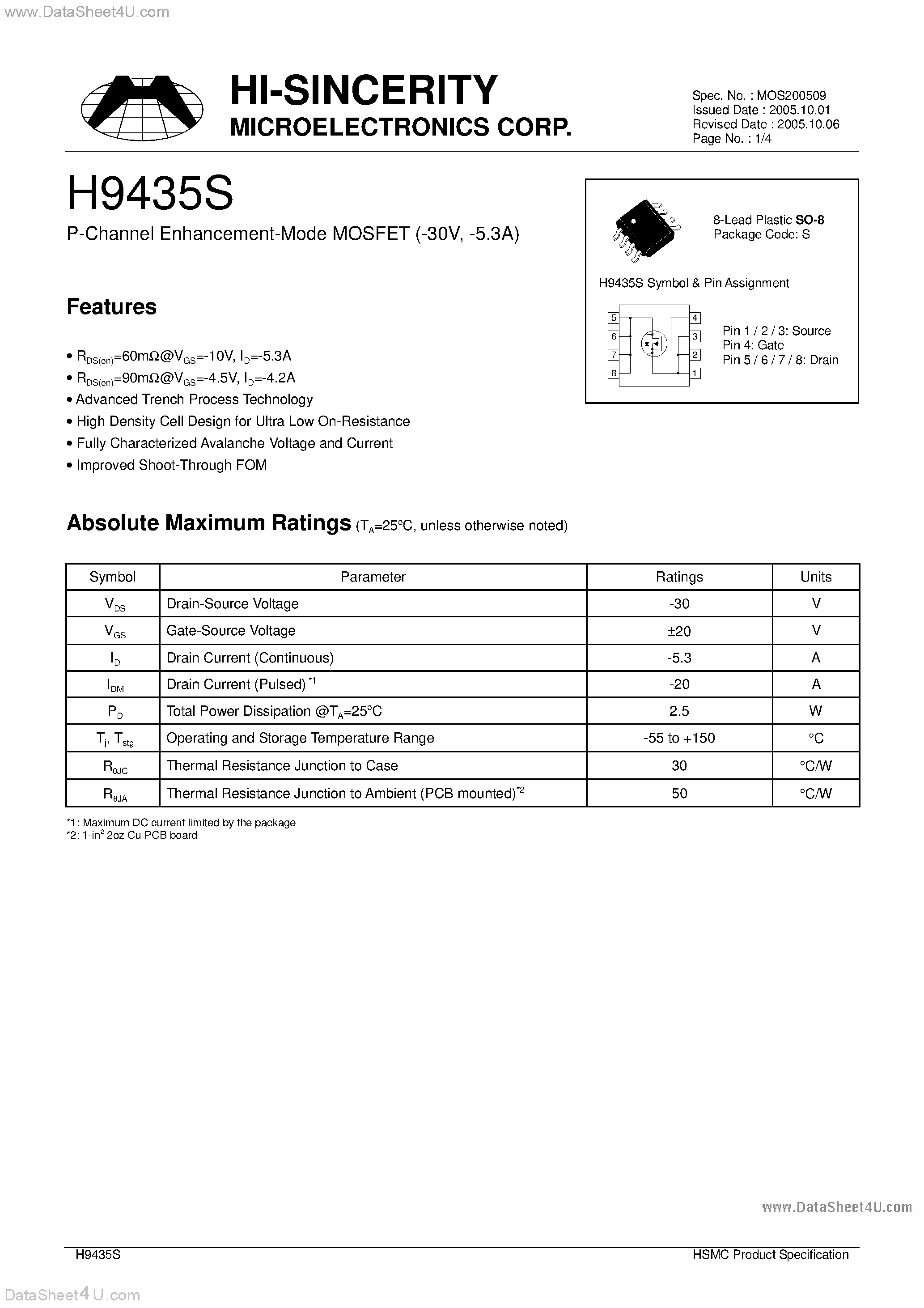 Datasheet H9435S page 1 Datasheet H9435S - P-Channel Enhancement-Mode MOSFET page 1