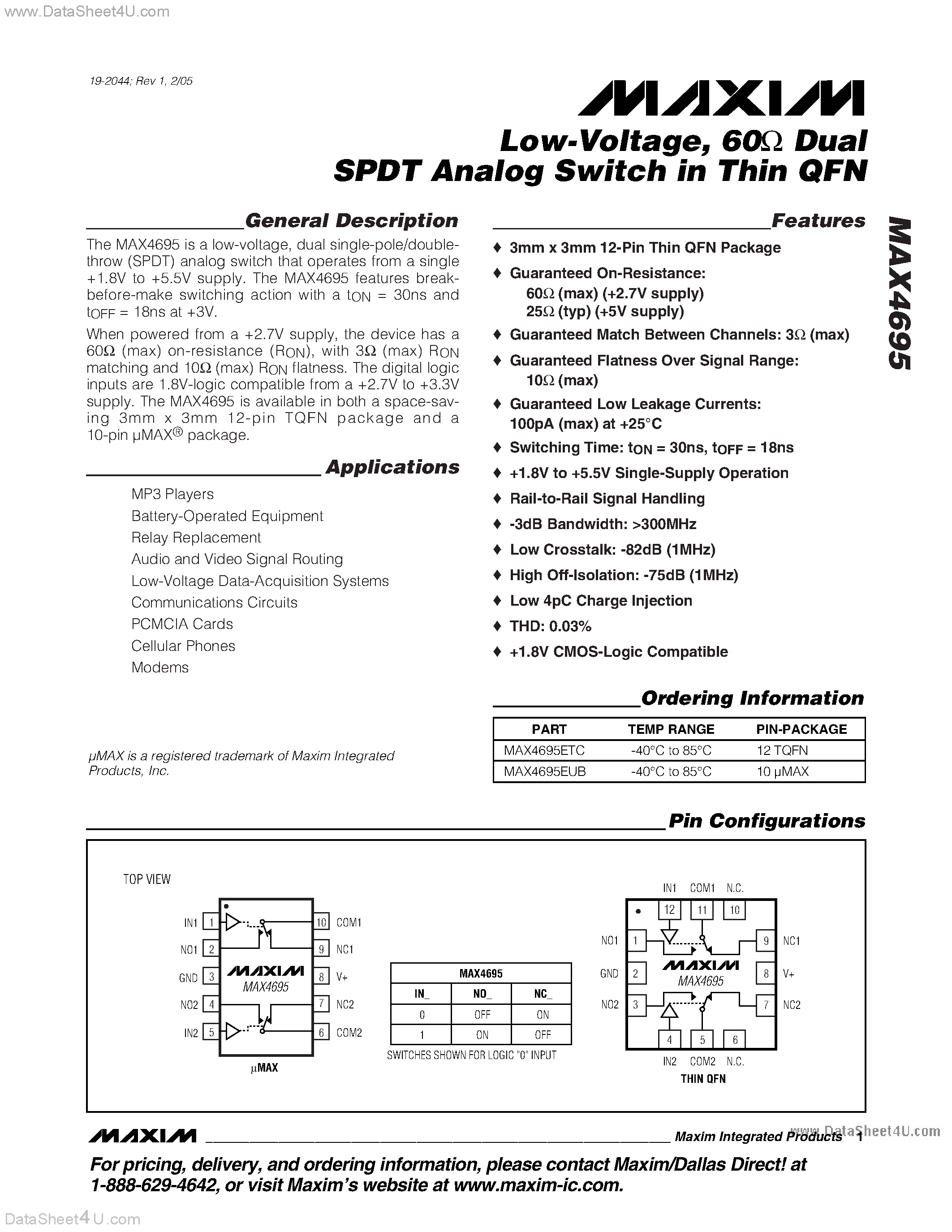 Datasheet MAX4695 page 1 Datasheet MAX4695 - Low-Voltage 60ohm Dual SPDT Analog Switch page 1