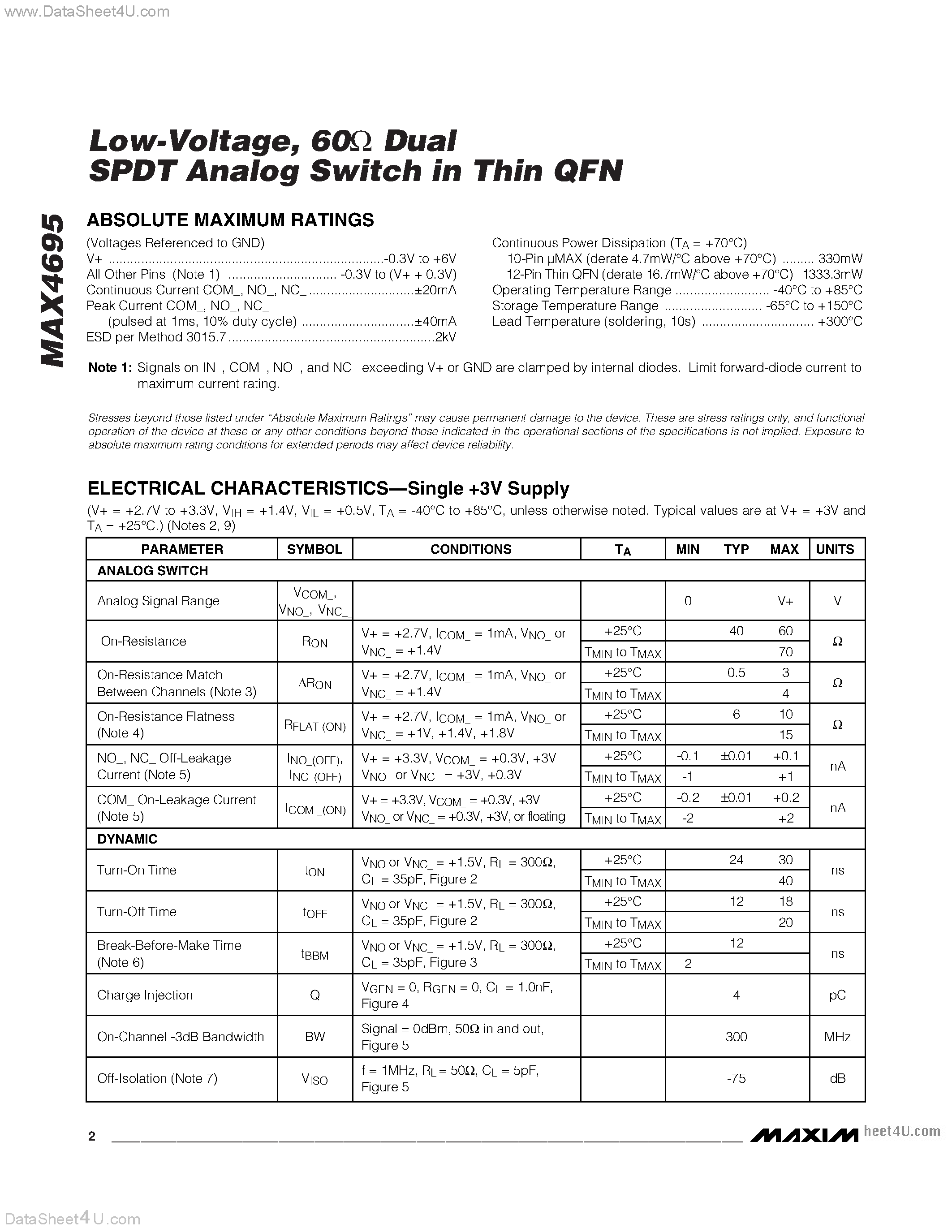 Datasheet MAX4695 page 2 Datasheet MAX4695 - Low-Voltage 60ohm Dual SPDT Analog Switch page 2