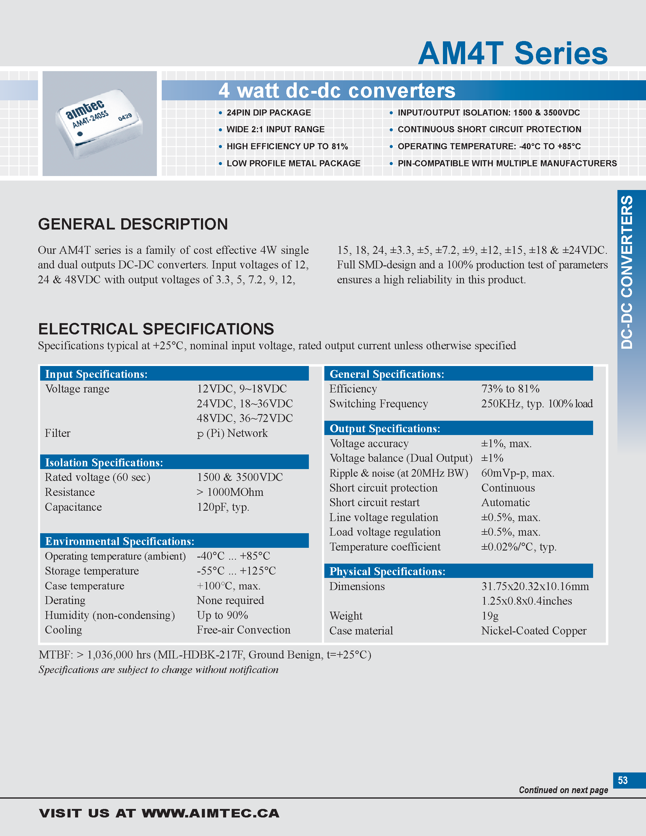 Даташит на микросхему AM4T страница 1 Даташит AM4T - 4 watt dc-dc converters страница 1