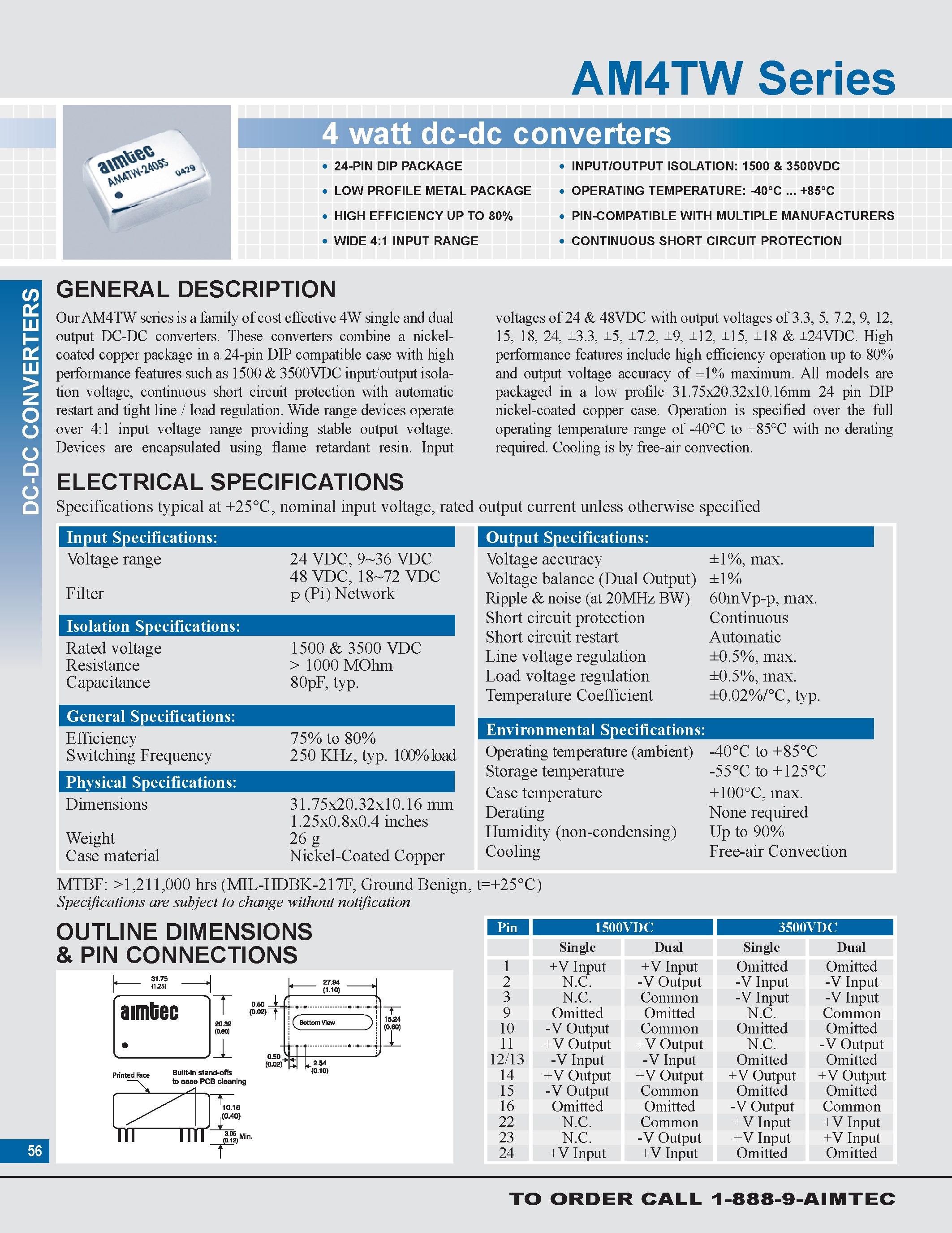 Даташит AM4TW - 4 watt dc-dc converters страница 1