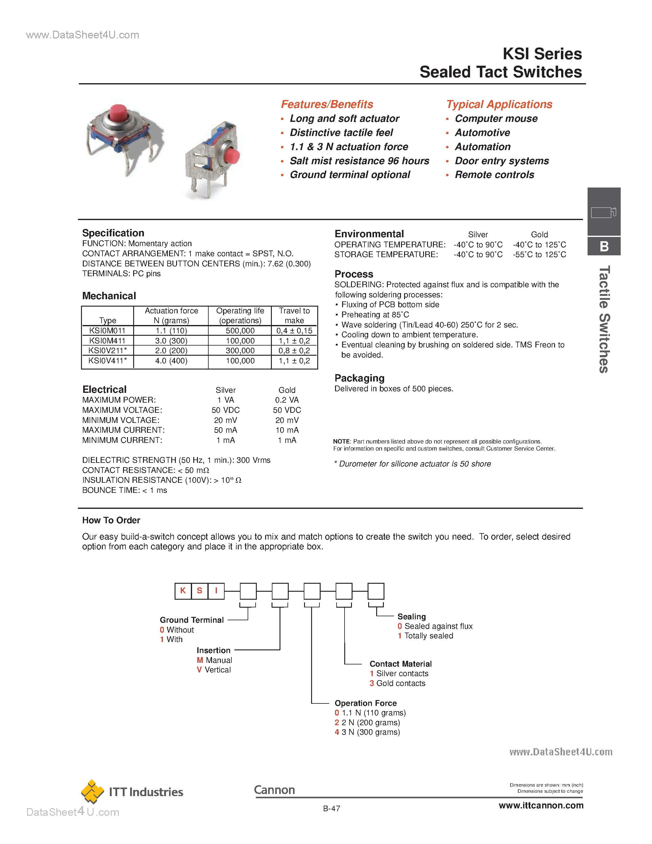 Datasheet KSI - Sealed Tact Switches page 1
