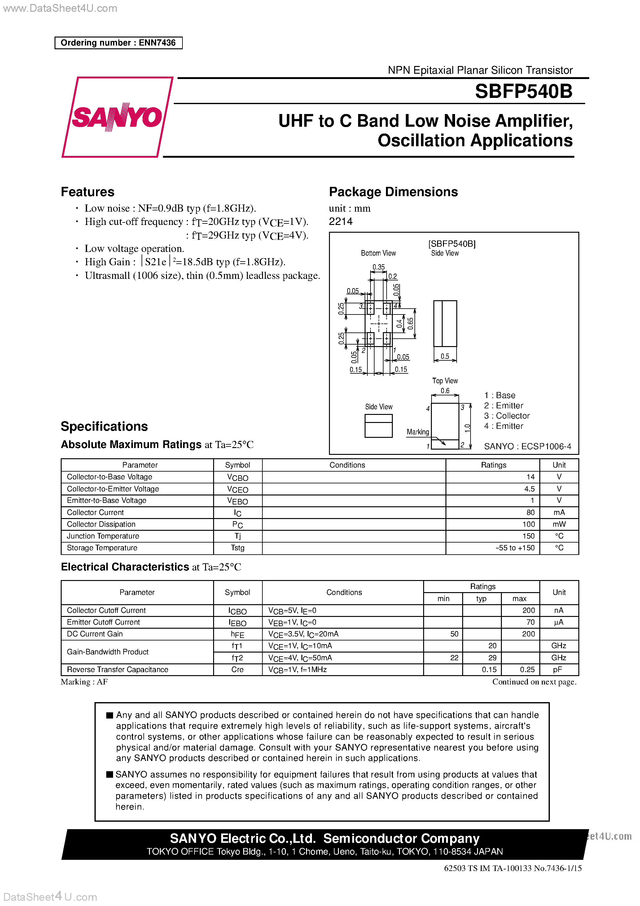 Datasheet SBFP540B - UHF to C Band Low Noise Amplifier page 1
