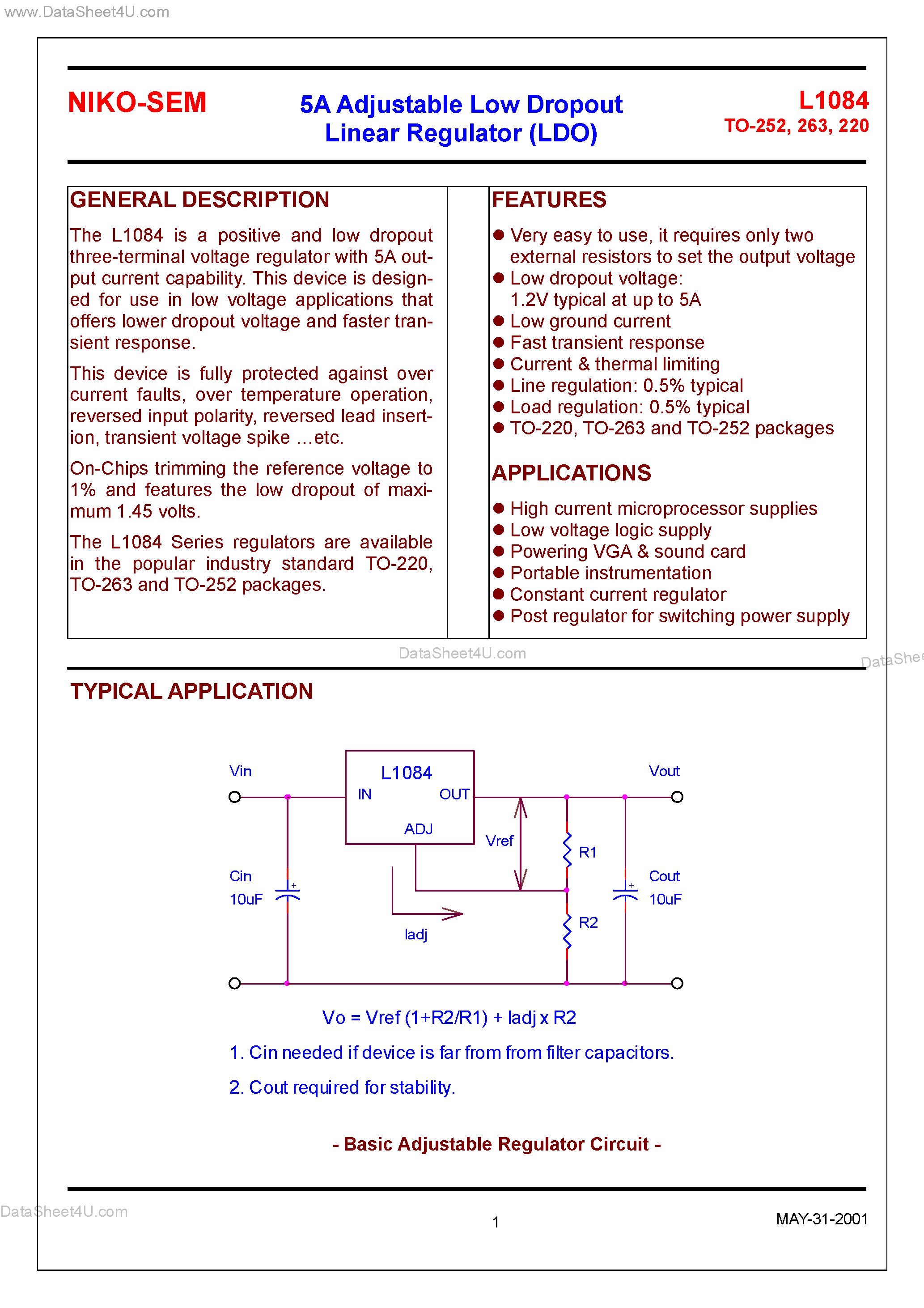 Даташит L1084 - 5A Adjustable Low Dropout Linear Regulator (LDO) страница 1