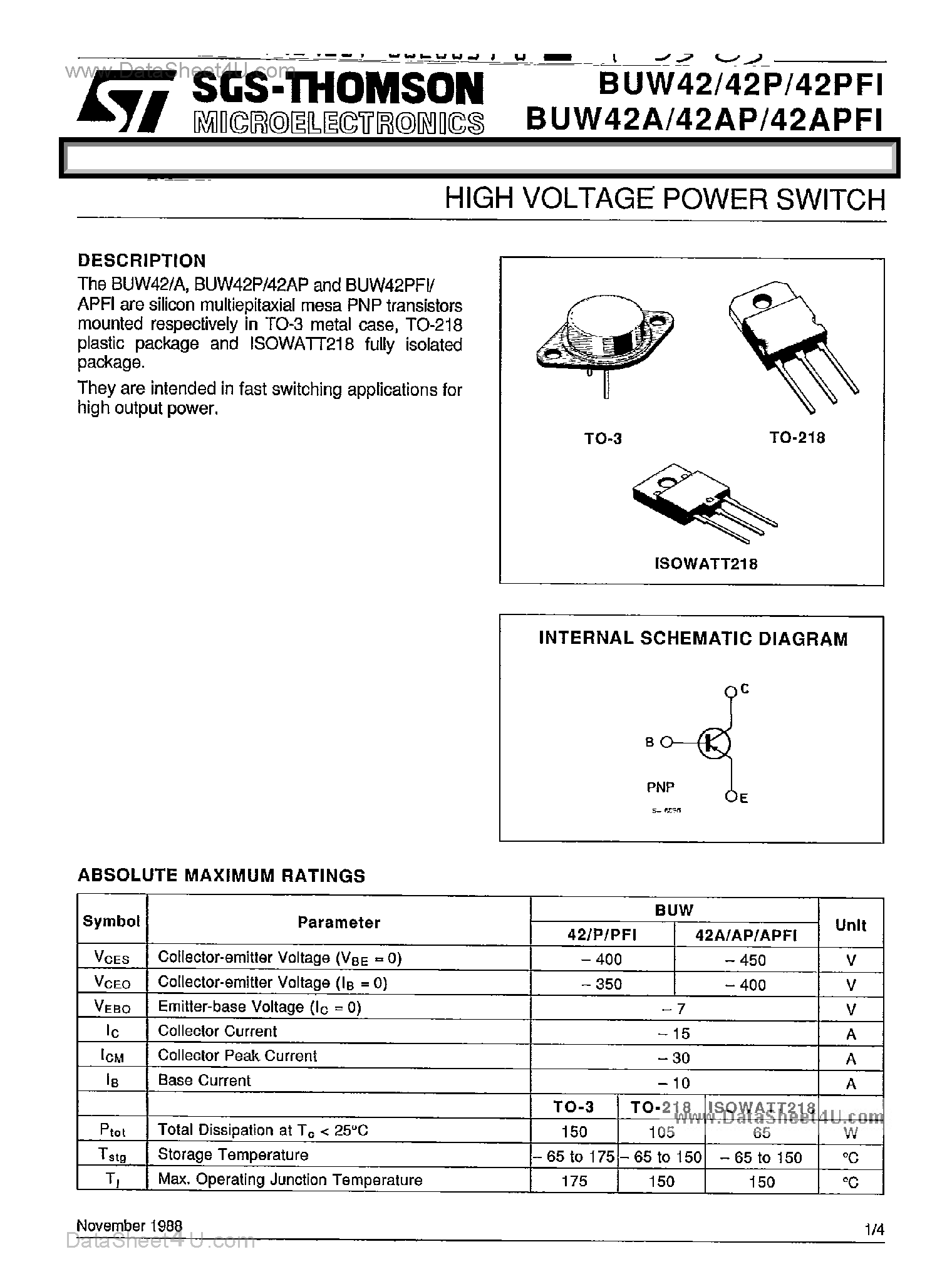 Даташит на микросхему BUW42 страница 1 Даташит BUW42 - High Voltage Power Switch страница 1