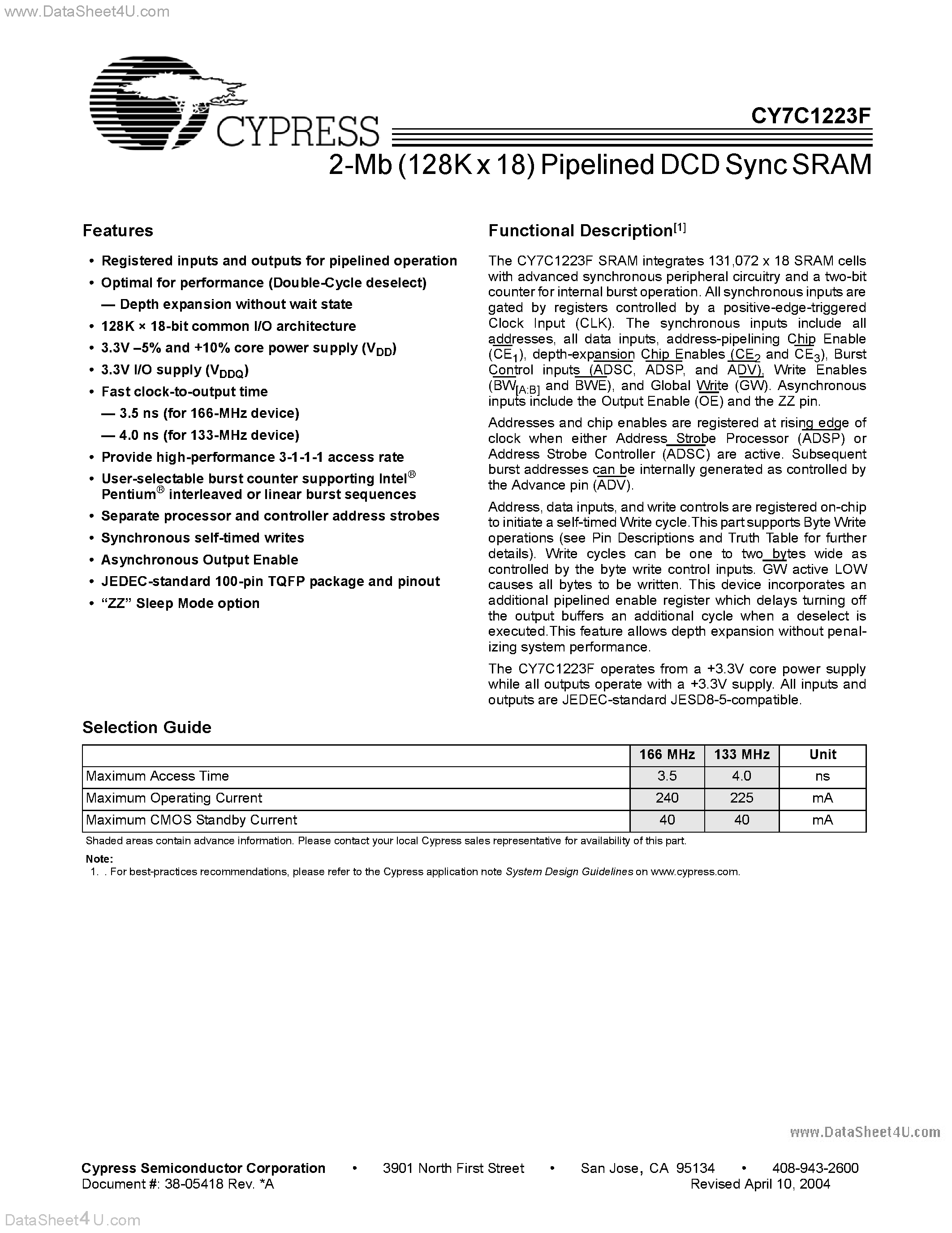 Даташит на микросхему CY7C1223F страница 1 Даташит CY7C1223F - 2-Mb (128K x 18) Pipelined DCD Sync SRAM страница 1