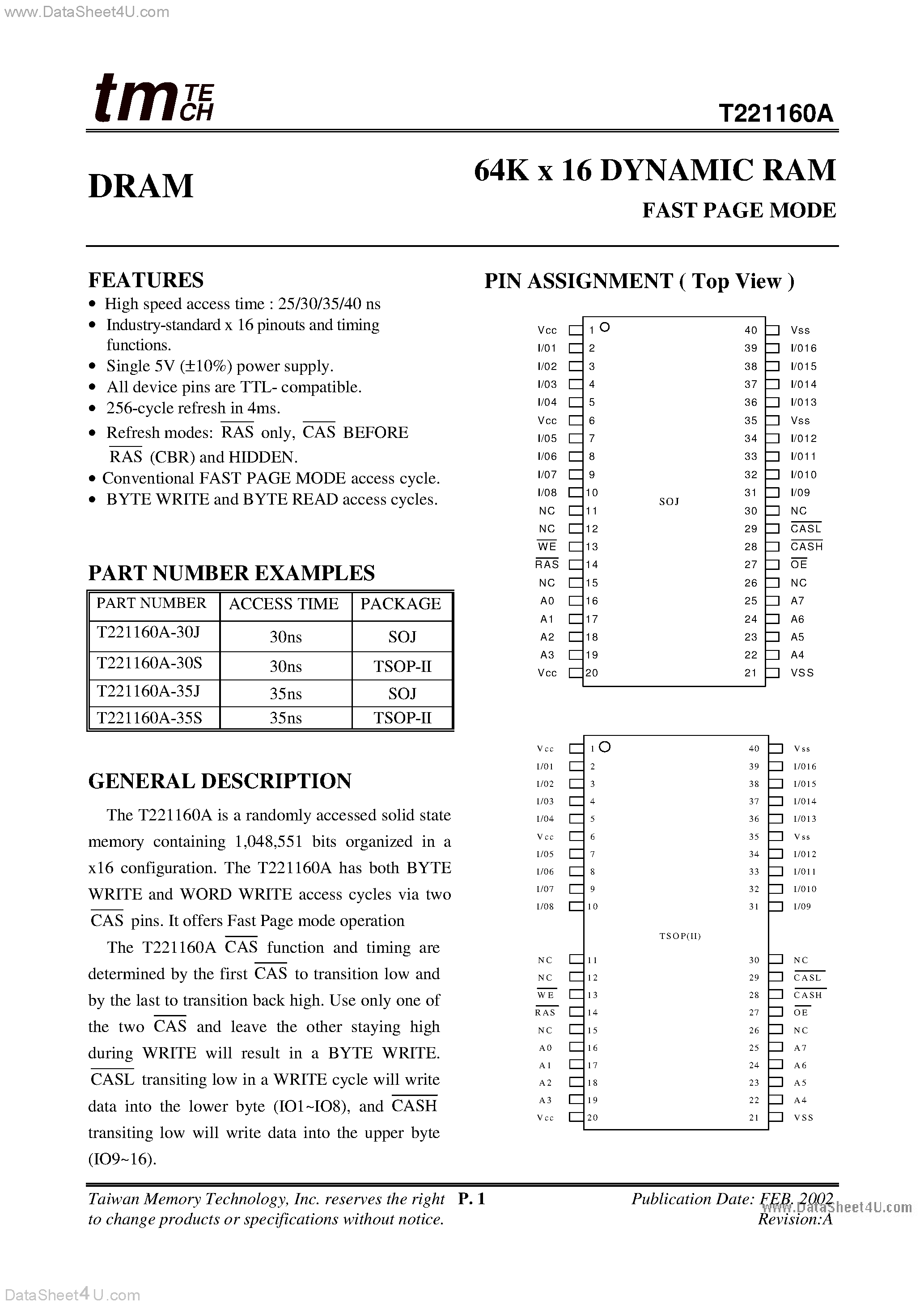 Даташит T221160A - 64K x 16 DYNAMIC RAM FAST PAGE MODE страница 1