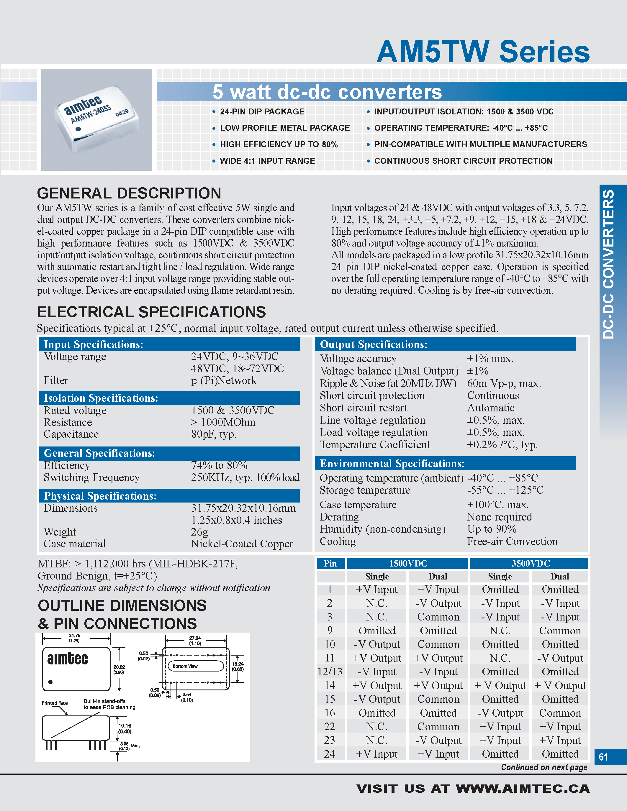 Даташит на микросхему AM5TW страница 1 Даташит AM5TW - 5 watt dc-dc converters страница 1