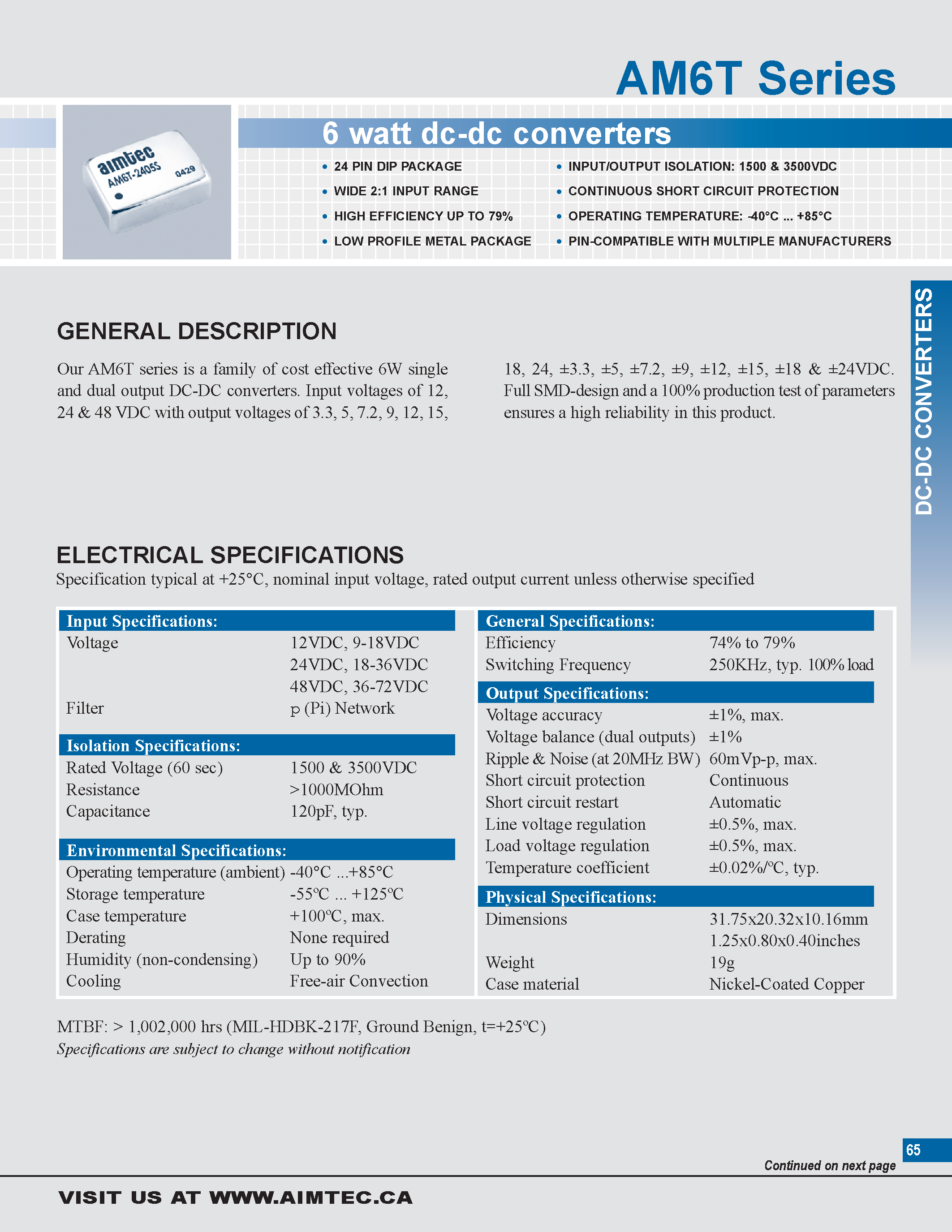 Datasheet AM6T - 6 watt dc-dc converters page 1