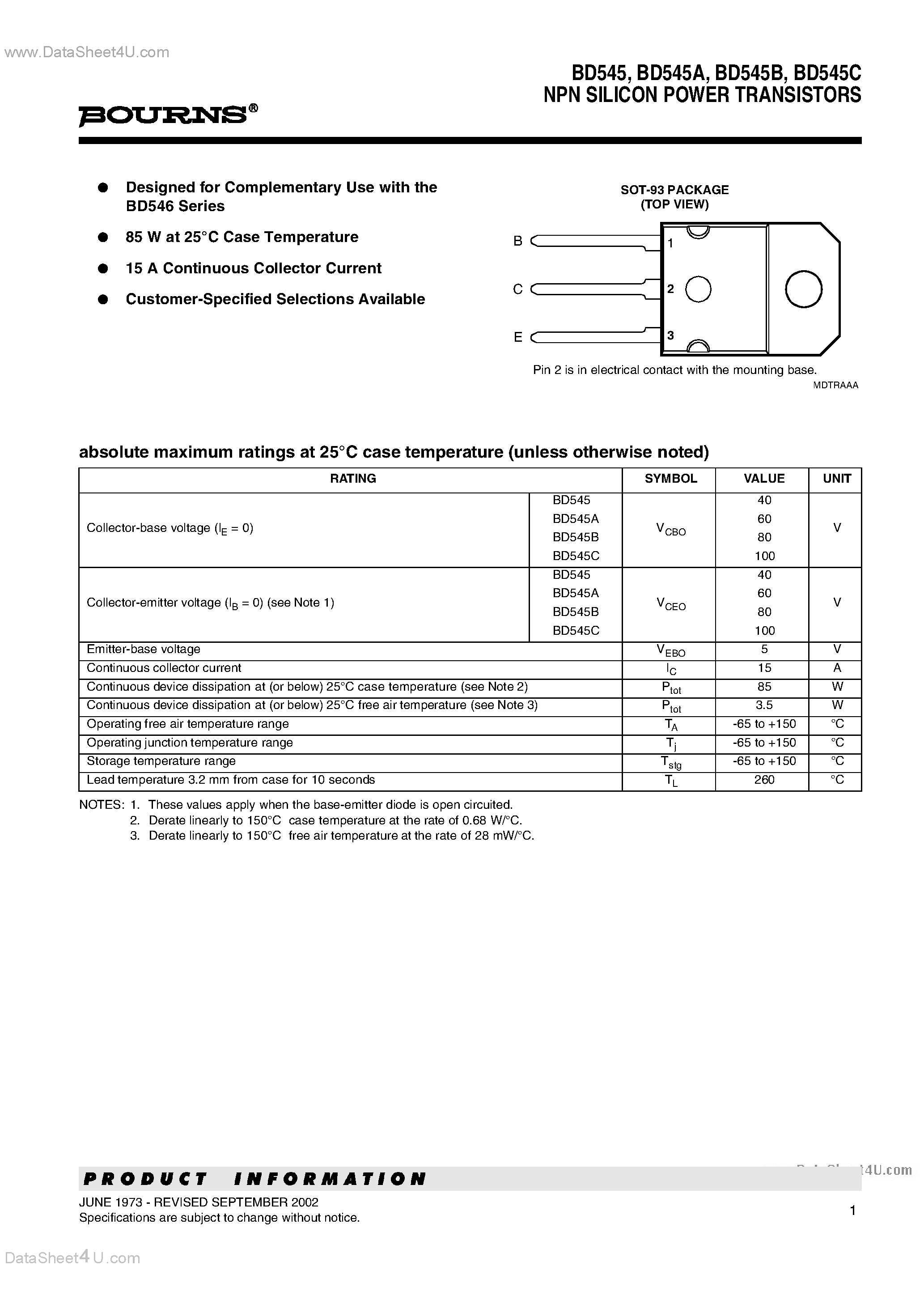 Даташит на микросхему BD545 страница 1 Даташит BD545 - NPN SILICON POWER TRANSISTORS страница 1
