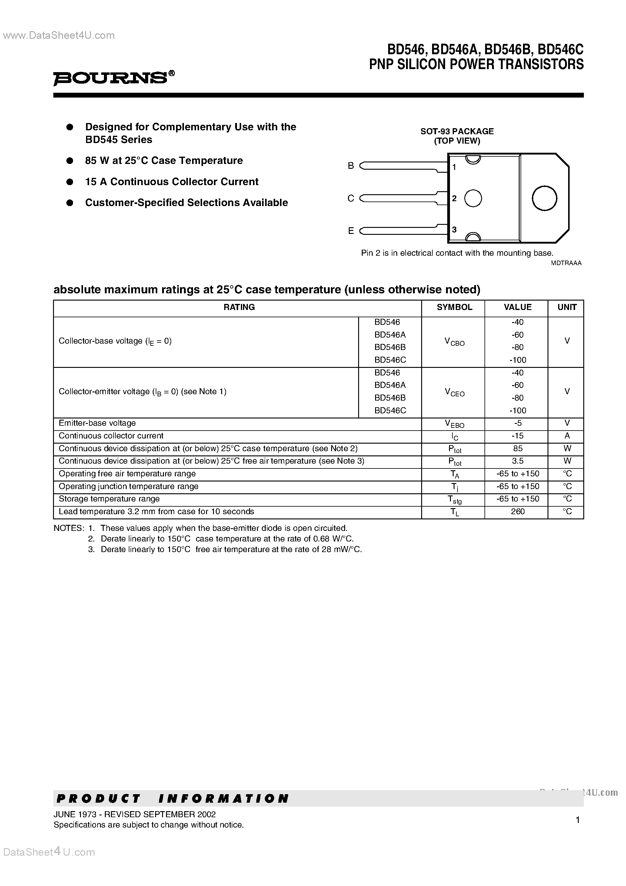 Даташит BD546 - PNP SILICON POWER TRANSISTORS страница 1