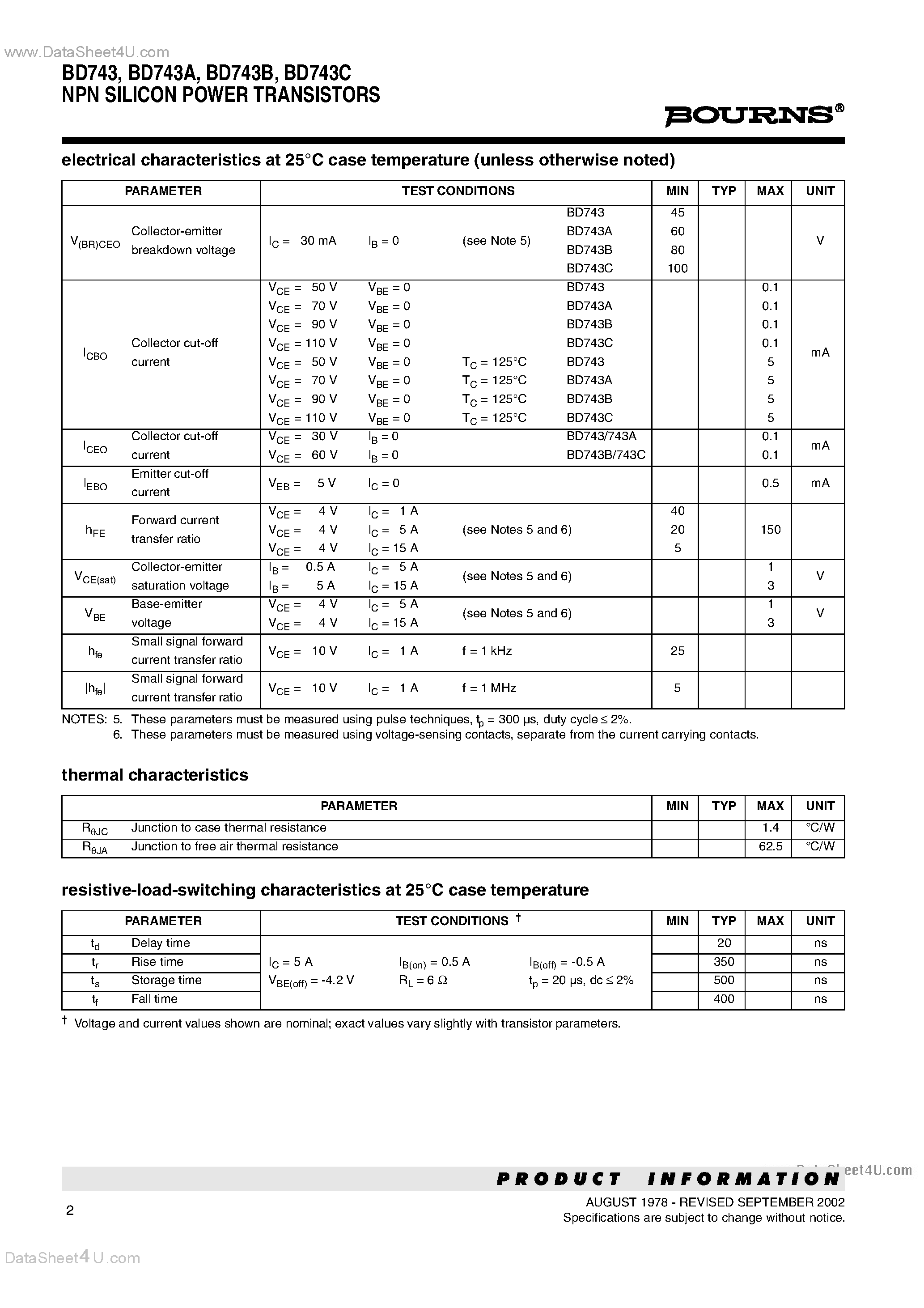 Даташит на микросхему BD743 страница 2 Даташит BD743 - NPN SILICON POWER TRANSISTORS страница 2