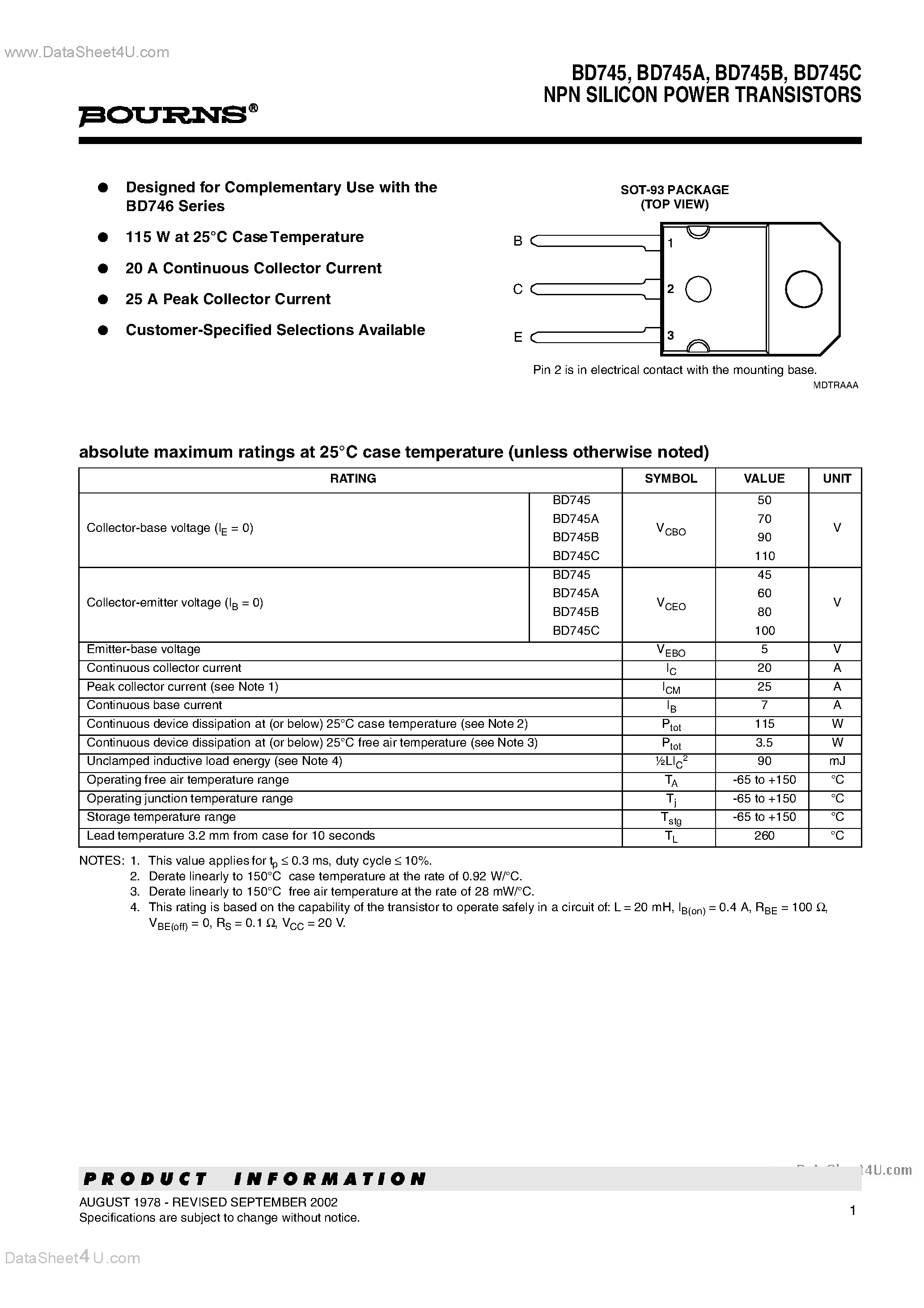 Даташит на микросхему BD745 страница 1 Даташит BD745 - NPN SILICON POWER TRANSISTORS страница 1