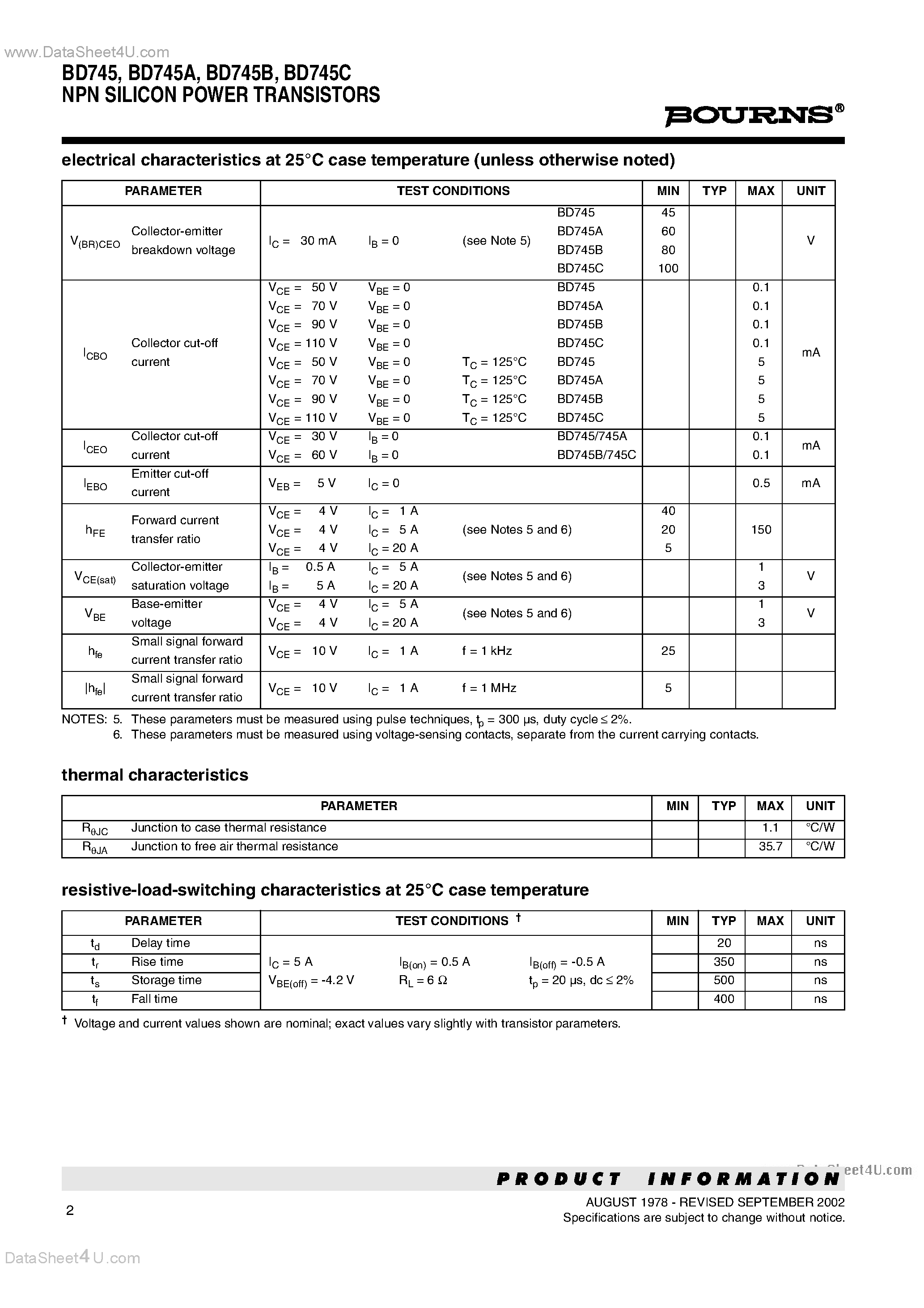 Даташит на микросхему BD745 страница 2 Даташит BD745 - NPN SILICON POWER TRANSISTORS страница 2