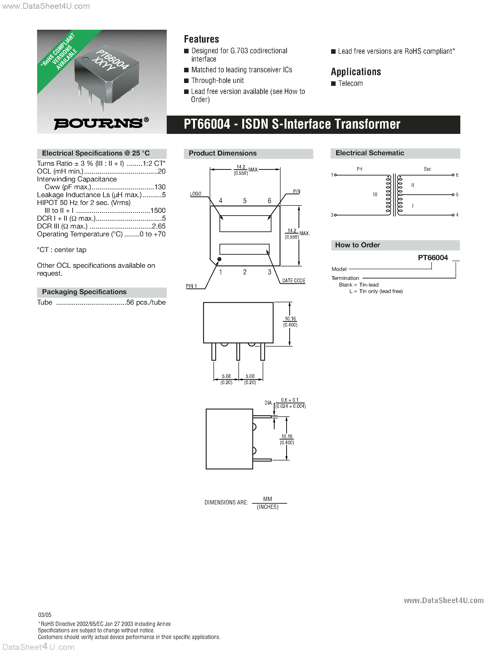 Datasheet PT66004 - ISDN S-Interface Transformer page 1