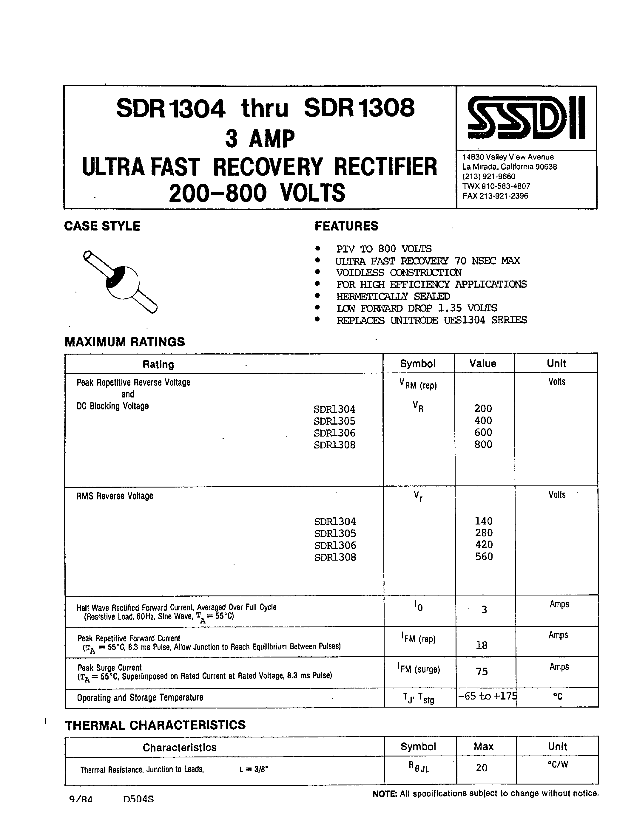 Datasheet SDR1304 - (SDR1304 - SDR1308) 3 AMP ULTRA FAST RECOVERY RECTIFIER page 1