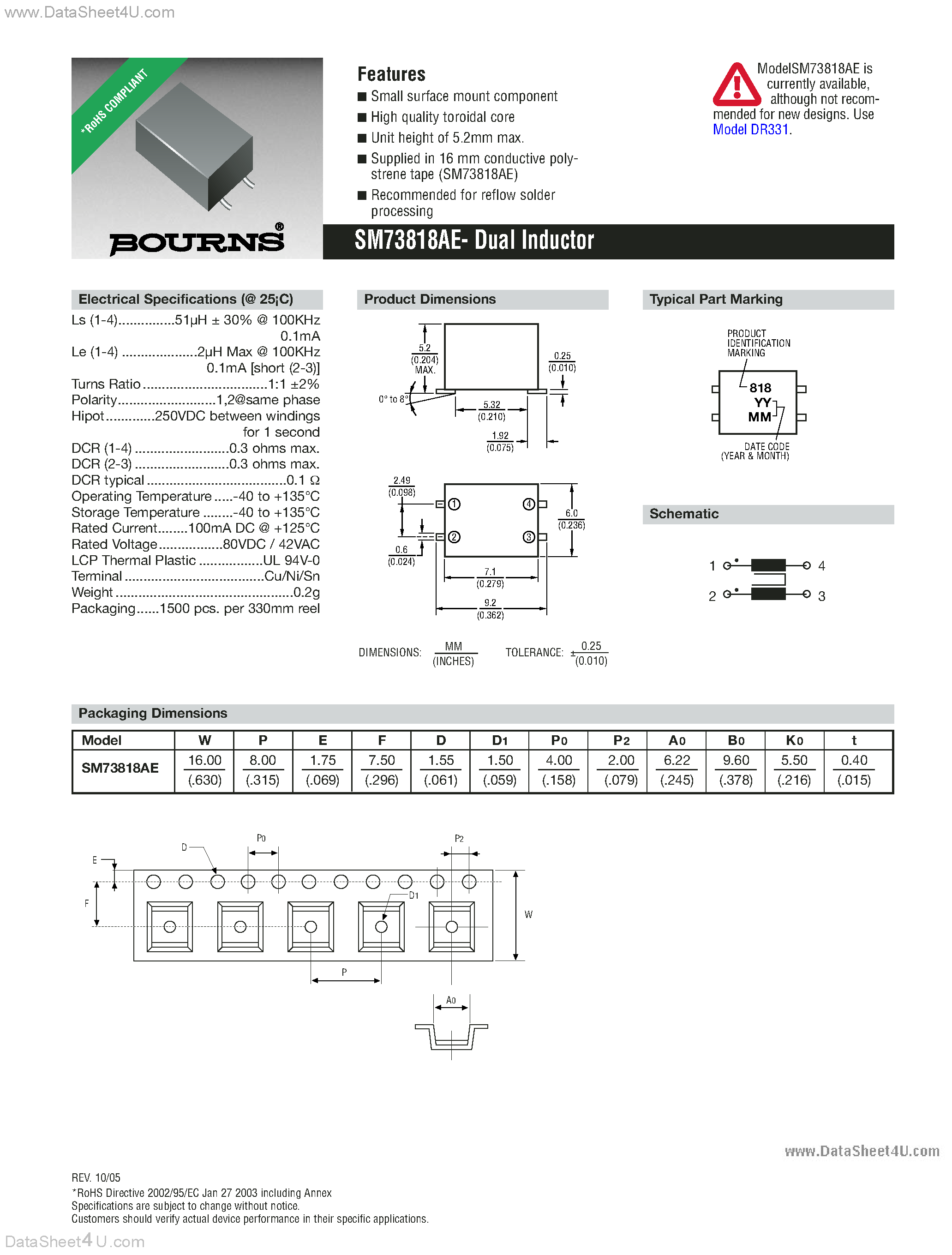 Datasheet SM73818AE page 1 Datasheet SM73818AE - Dual Inductor page 1