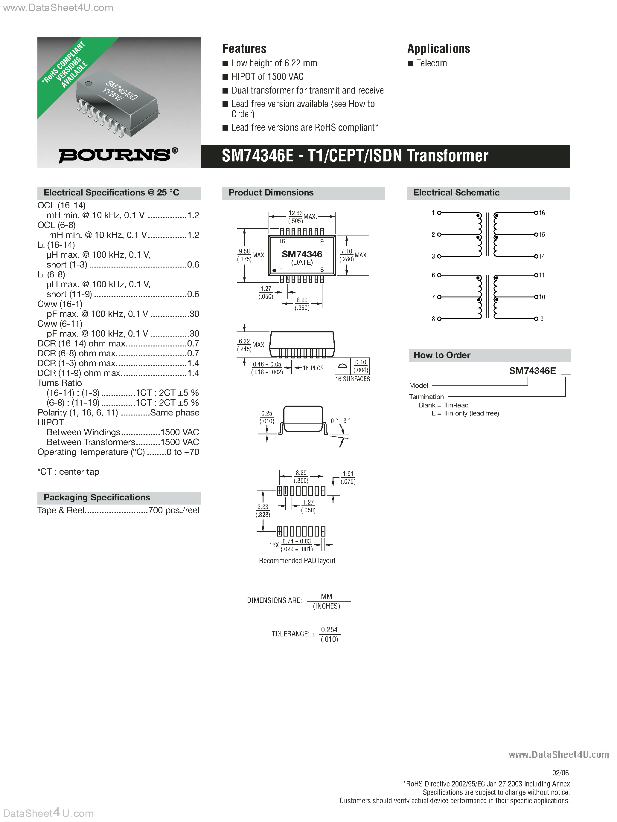 Datasheet SM74346E page 1 Datasheet SM74346E - T1/CEPT/ISDN Transformer page 1