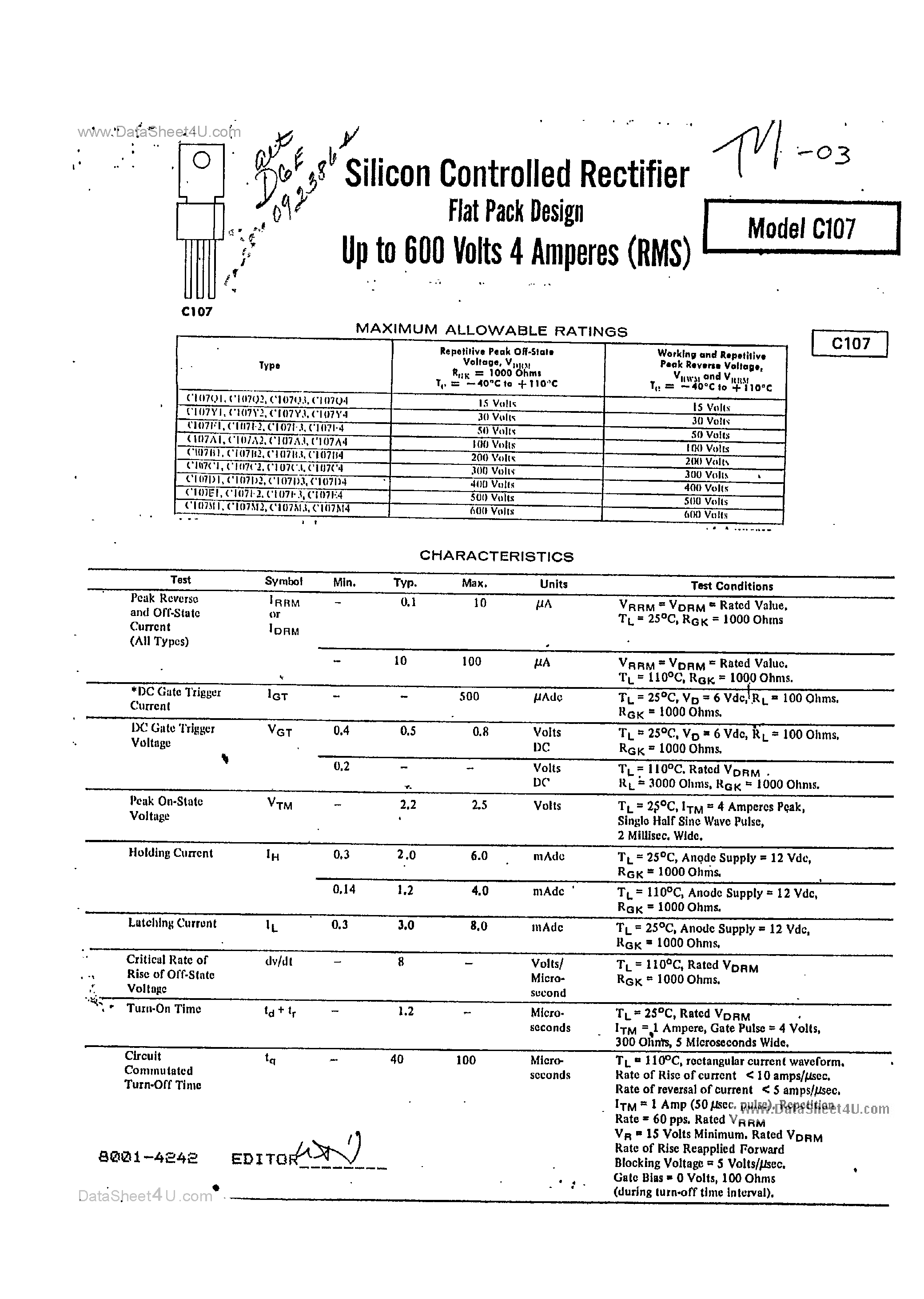 Datasheet C107 page 1 Datasheet C107 - Silicon Controlled Rectifier page 1