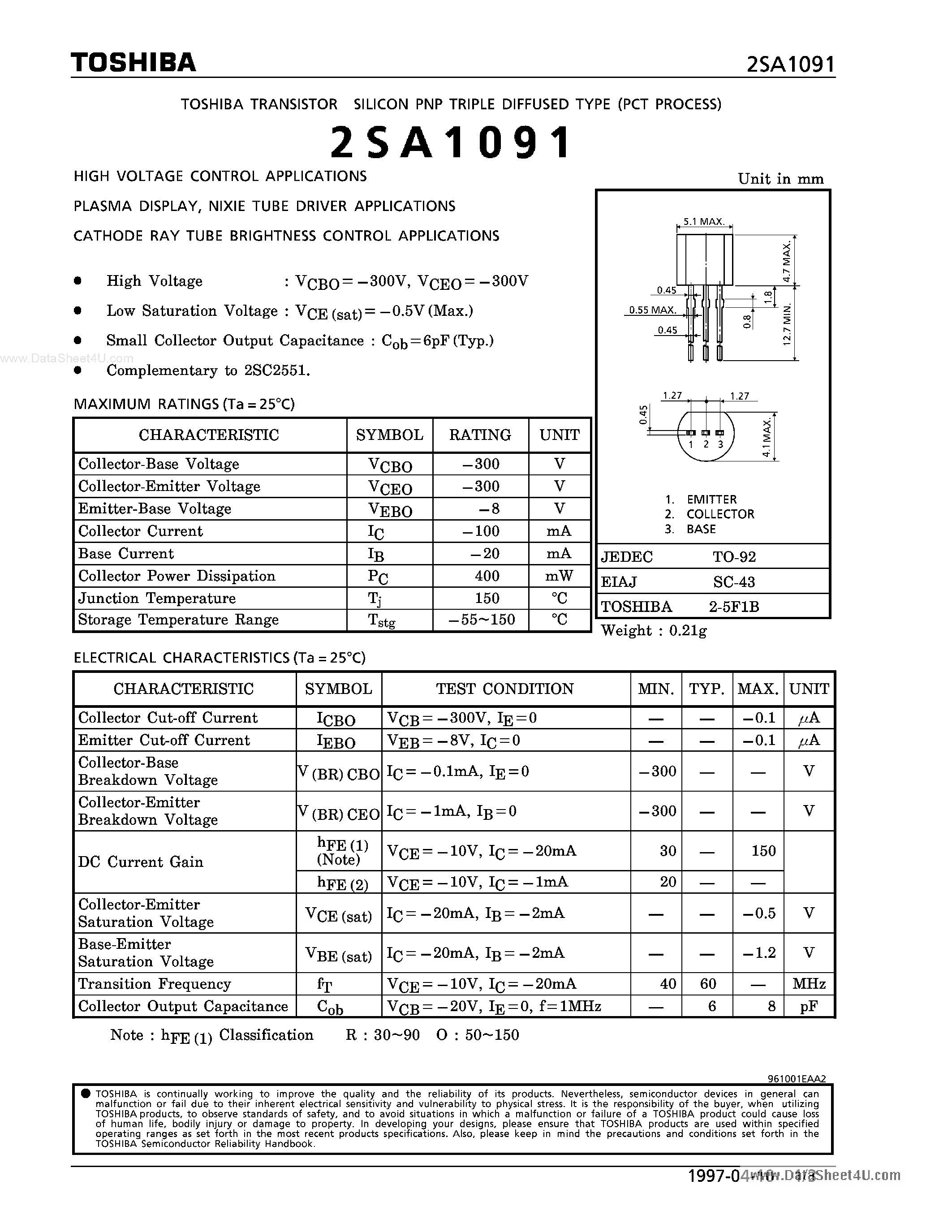 Даташит на микросхему A1091 страница 1 Даташит A1091 - Search -----> 2SA1091 страница 1