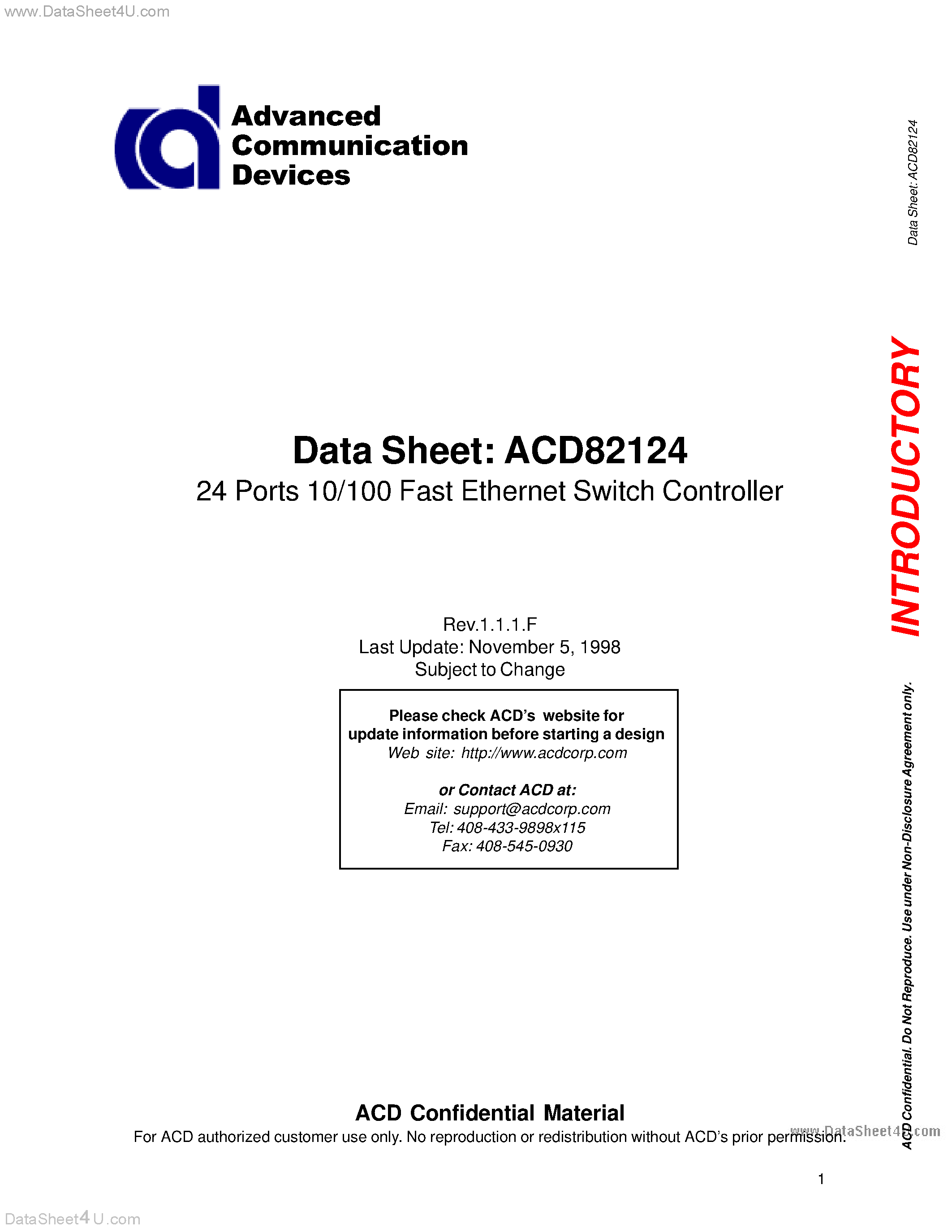 Datasheet ADC82124 - 24 Ports 10/100 Fast Ethernet Switch Controller page 1