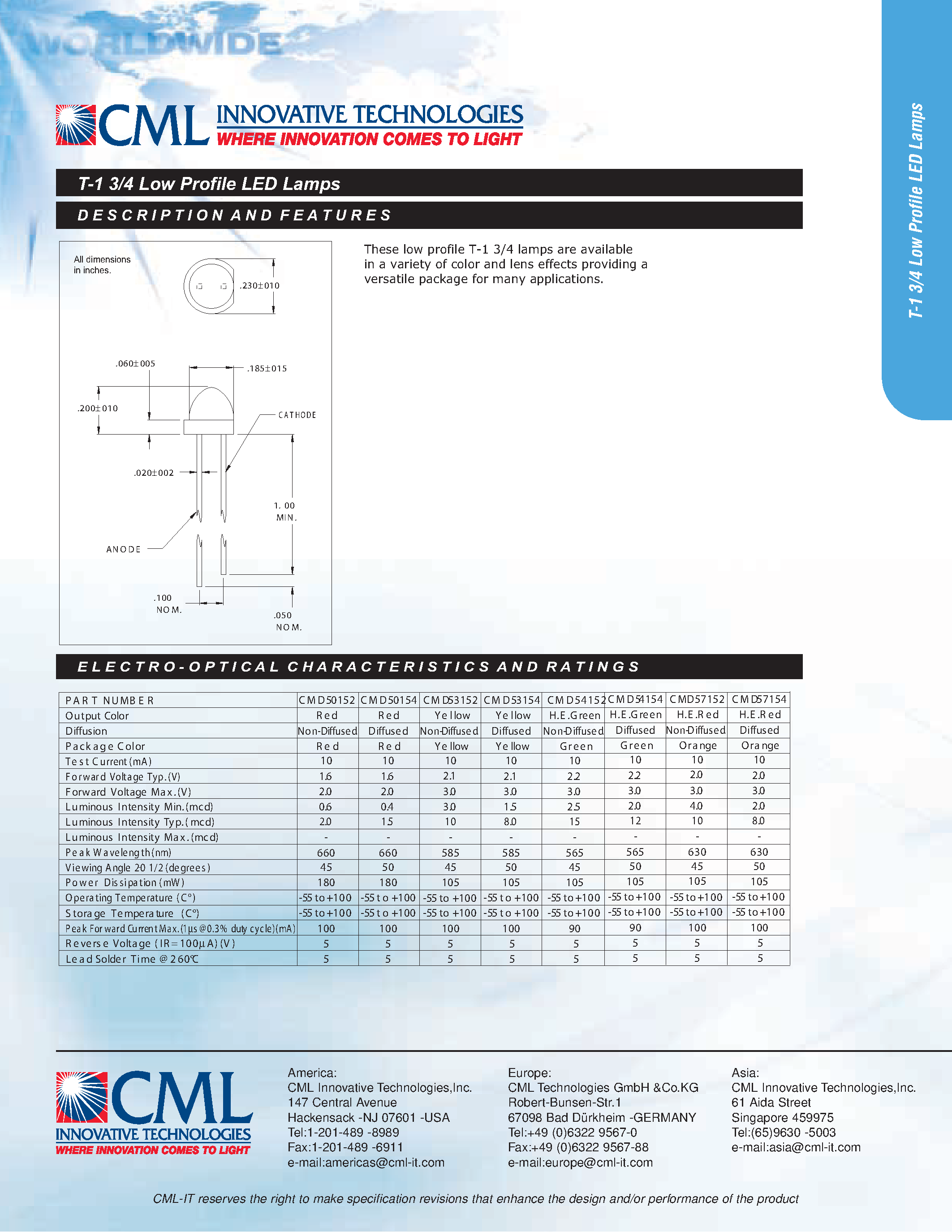 Datasheet CMD50152 page 1 Datasheet CMD50152 - (CMD50152 - CMD57154) T-1 3/4 Low Profile LED Lamps page 1