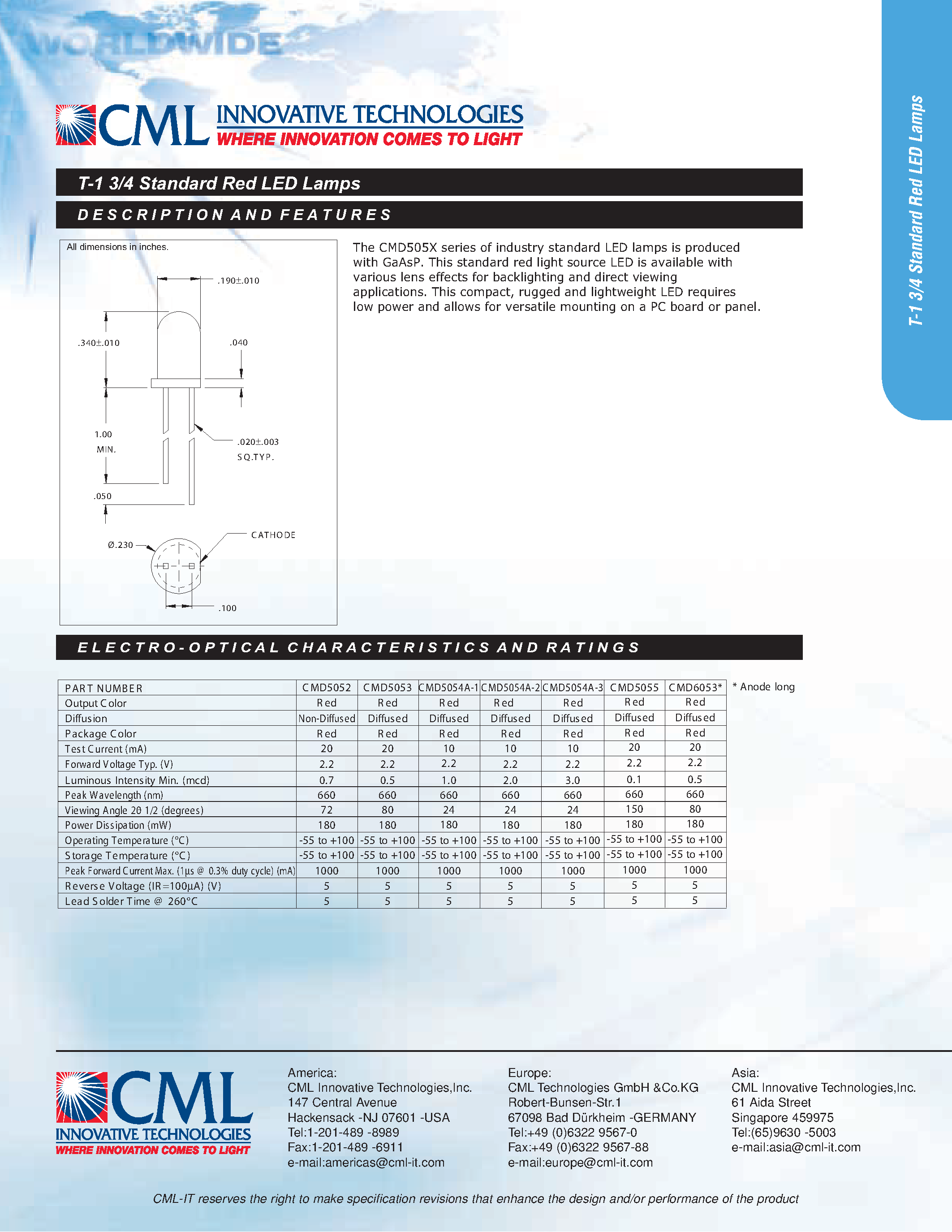 Даташит на микросхему CMD5052 страница 1 Даташит CMD5052 - (CMD5052 - CMD6053) T-1 3/4 Standard Red LED Lamps страница 1
