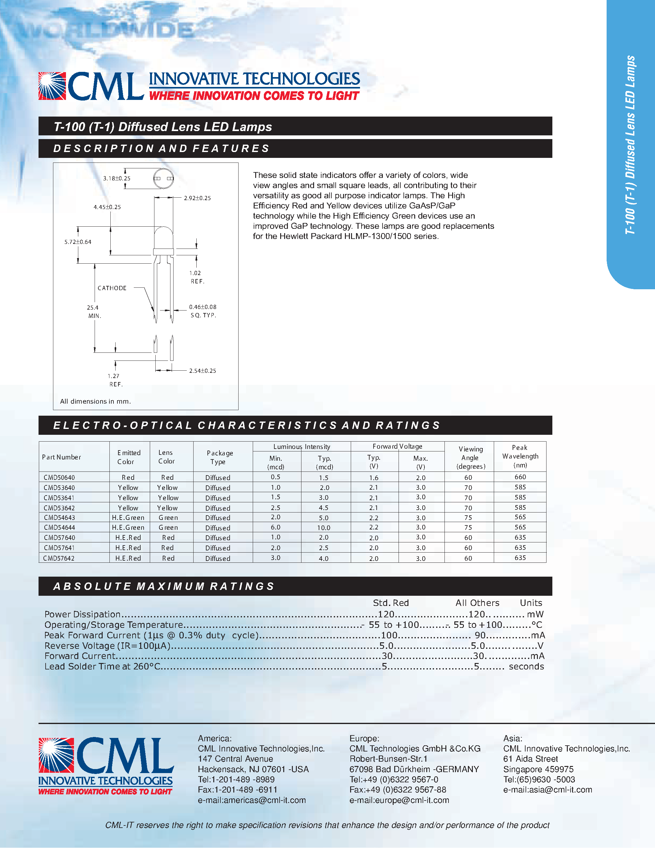 Datasheet CMD50640 - (CMD50640 - CMD57642) T-100 (T-1) Diffused Lens LED Lamps page 1