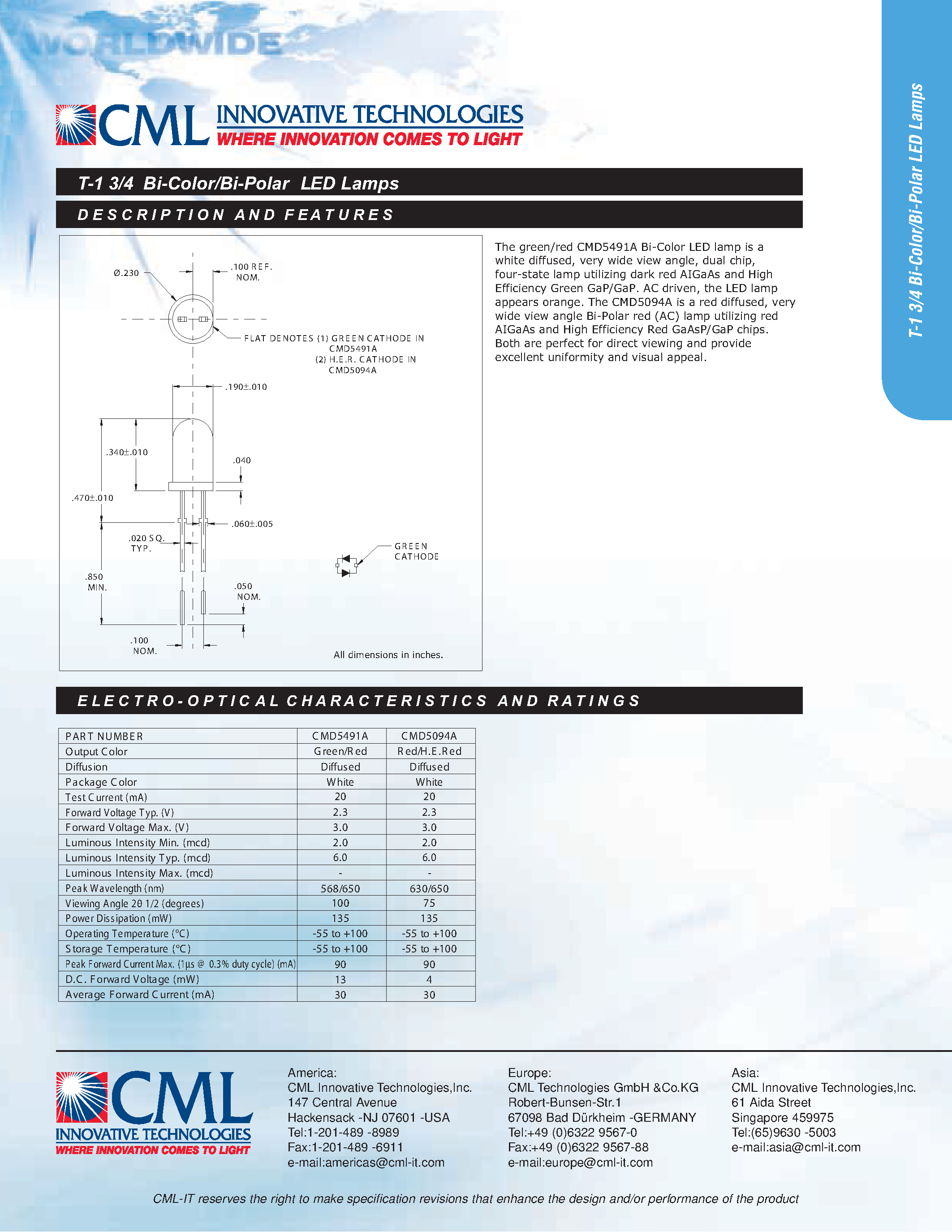 Datasheet CMD5094A - (CMD5094A / CMD5491A) T-1 3/4 Bi-Color/Bi-Polar LED Lamps page 1