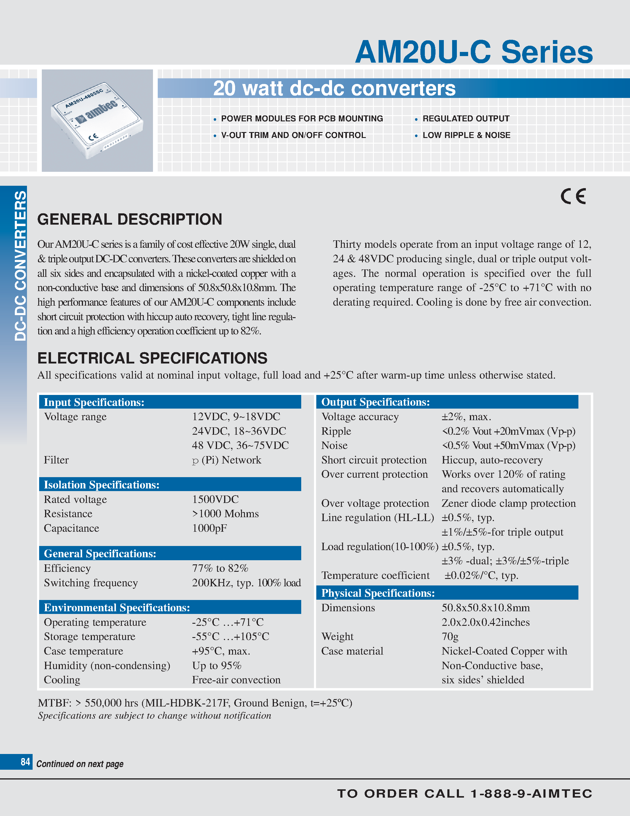 Datasheet AM20U-C page 1 Datasheet AM20U-C - 20 watt dc-dc converters page 1