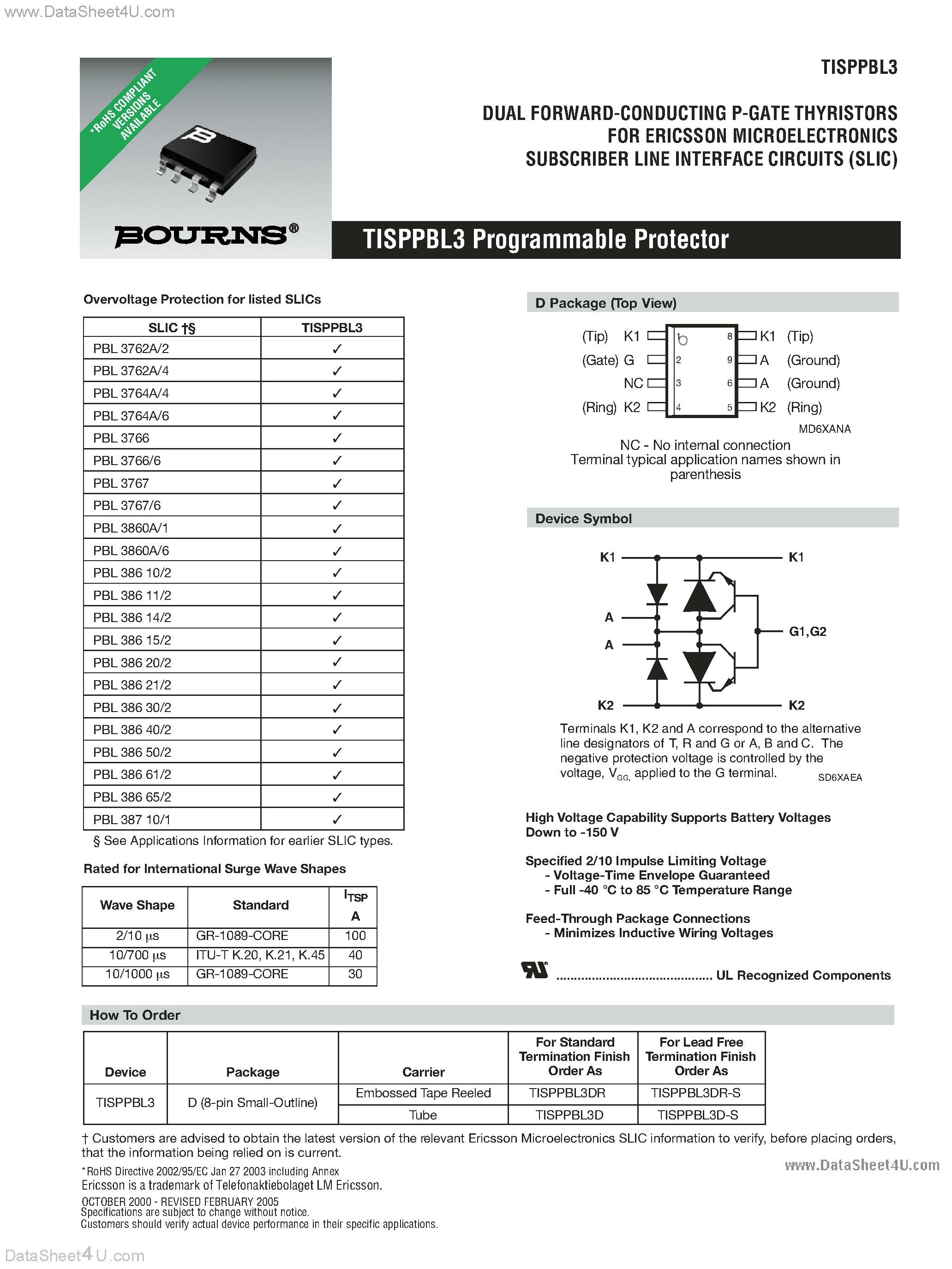 Datasheet TISPPBL3 page 1 Datasheet TISPPBL3 - DUAL FORWARD-CONDUCTING P-GATE THYRISTORS page 1