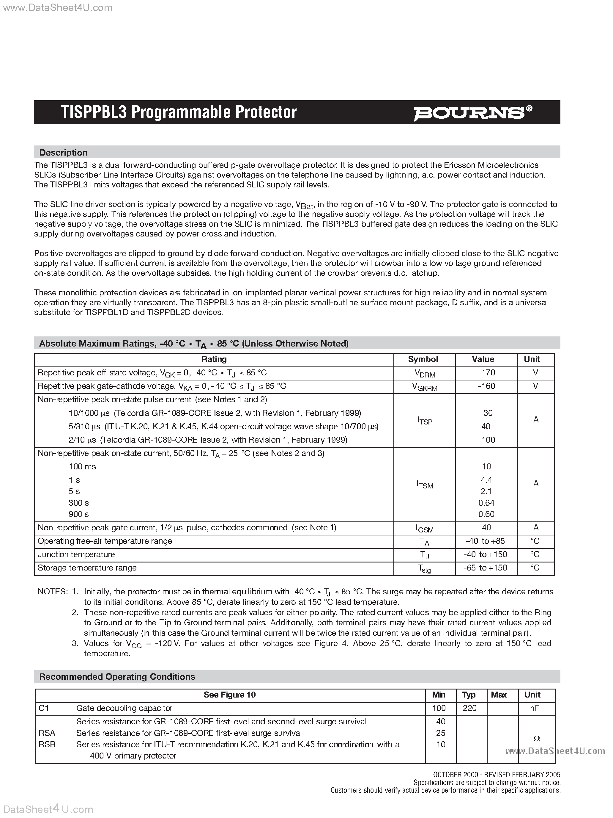 Datasheet TISPPBL3 page 2 Datasheet TISPPBL3 - DUAL FORWARD-CONDUCTING P-GATE THYRISTORS page 2