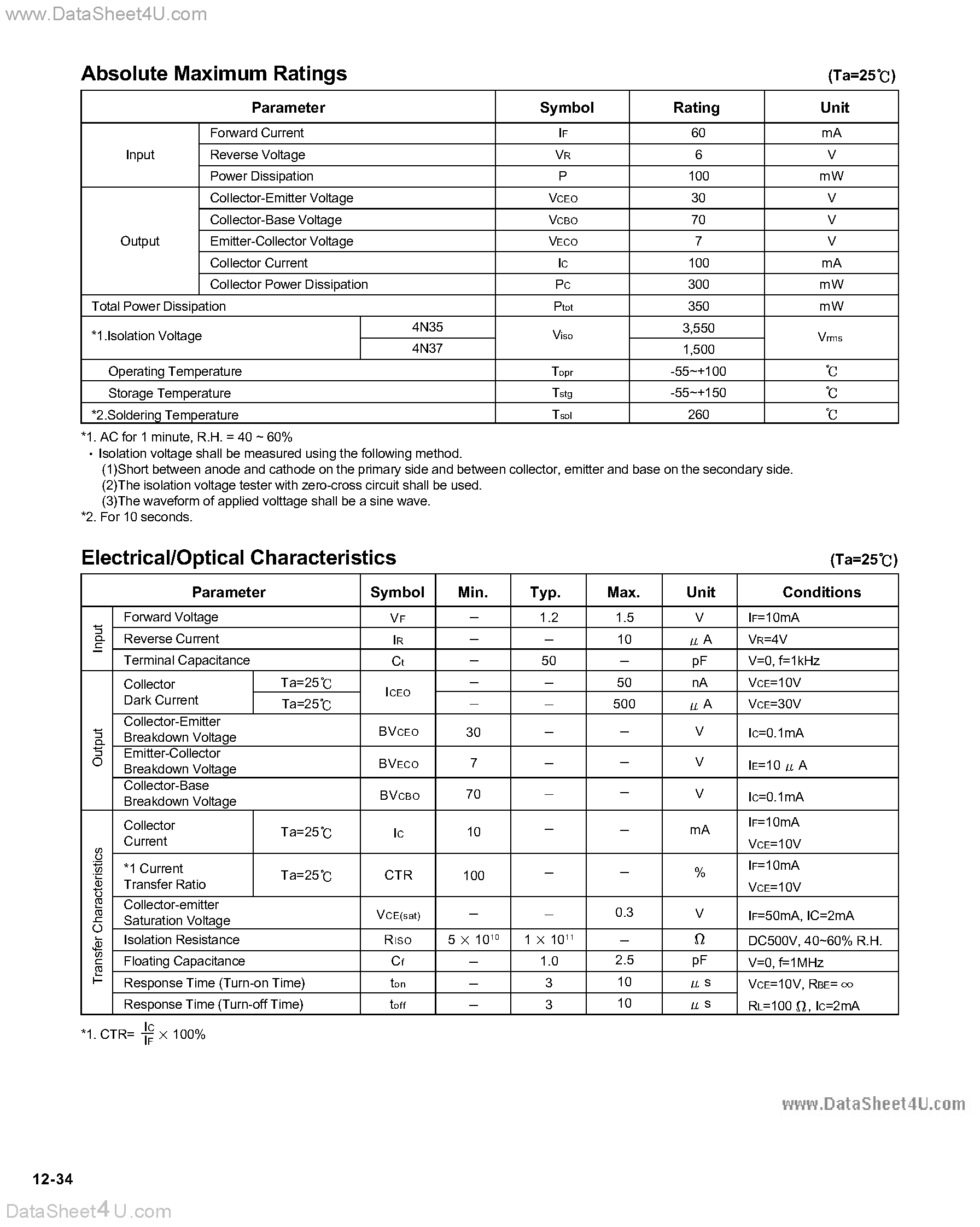 Даташит LTV-4N35 - (LTV4N35 / LTV4N37) NPN-OUTPUT DC-INPUT OPTOCOUPLER страница 2