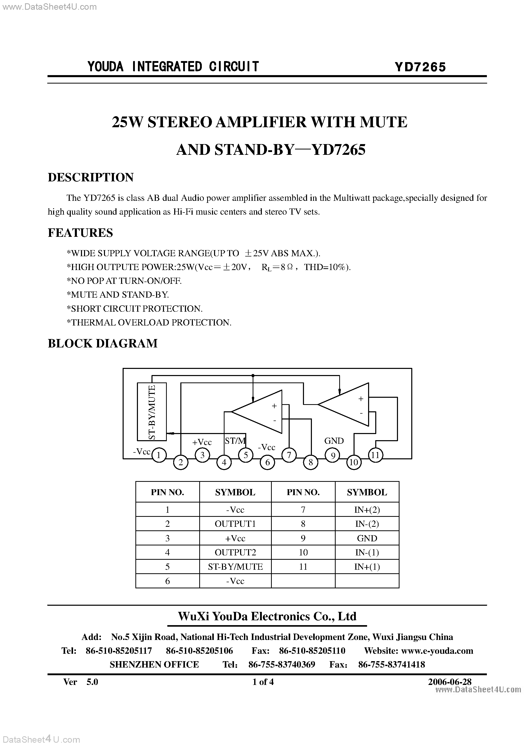 Datasheet YD7265 page 1 Datasheet YD7265 - 25W STEREO AMPLIFIER page 1