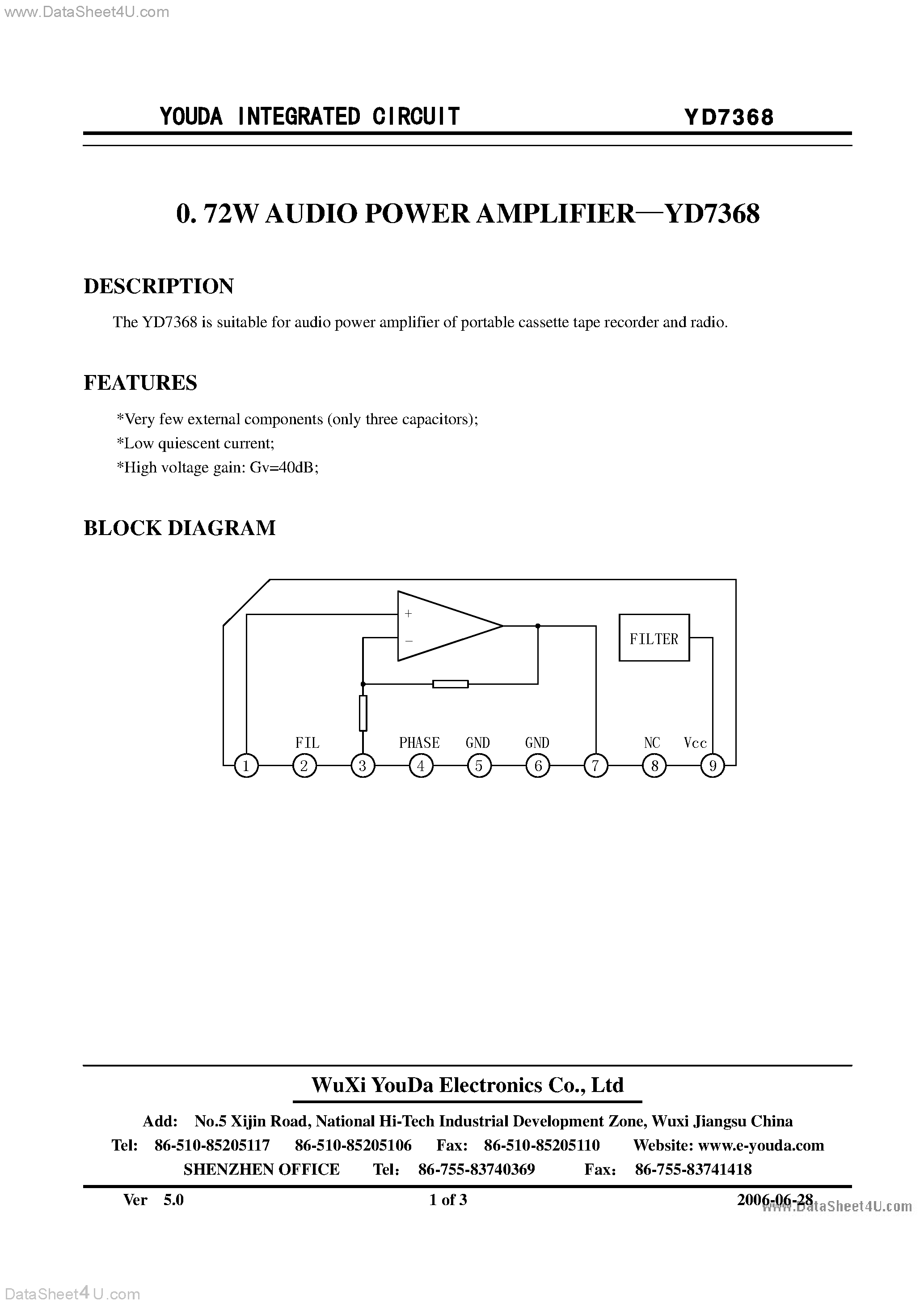 Даташит YD7368 - 0.72W AUDIO POWER AMPLIFIER страница 1