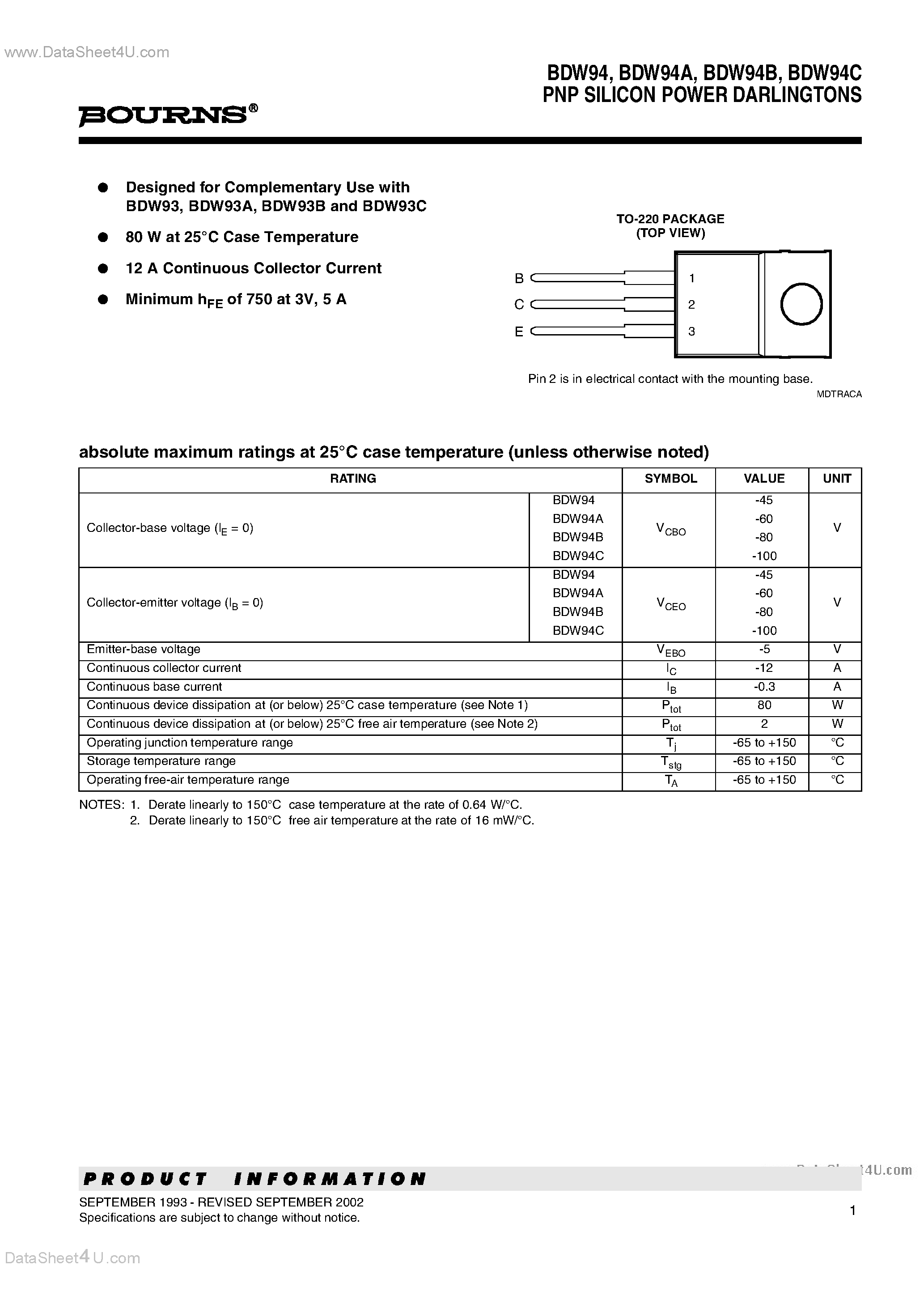 Datasheet BDW94 page 1 Datasheet BDW94 - PNP SILICON POWER DARLINGTONS page 1
